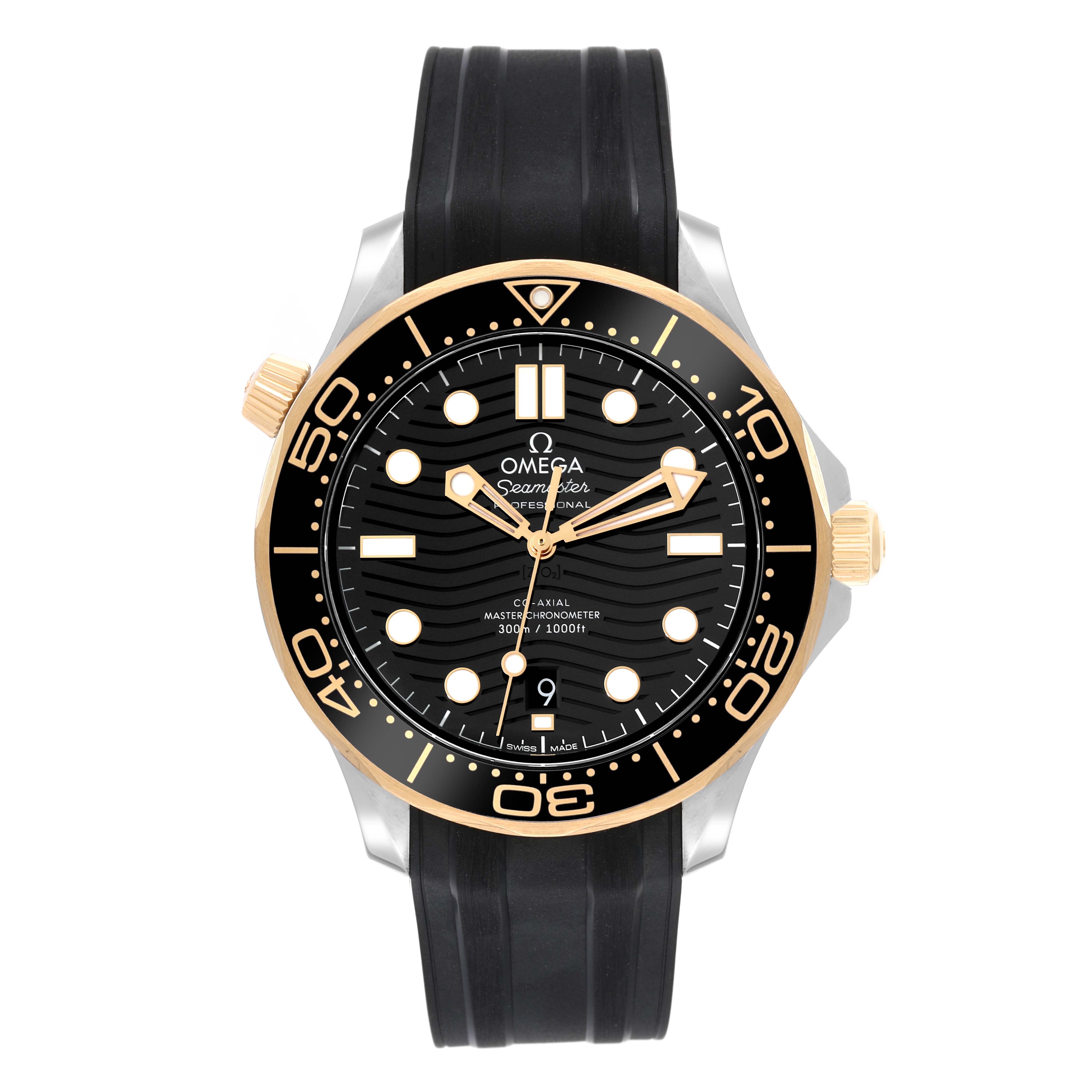 This Omega Seamaster 210.22.42.20.01.001 Men's Steel and Gold (two tone) Black Dial 210.22.42.20.01.001 Men's Steel and Gold (two tone) Black Dial watch is shown from the front, displaying the face, bezel, crown, and strap.