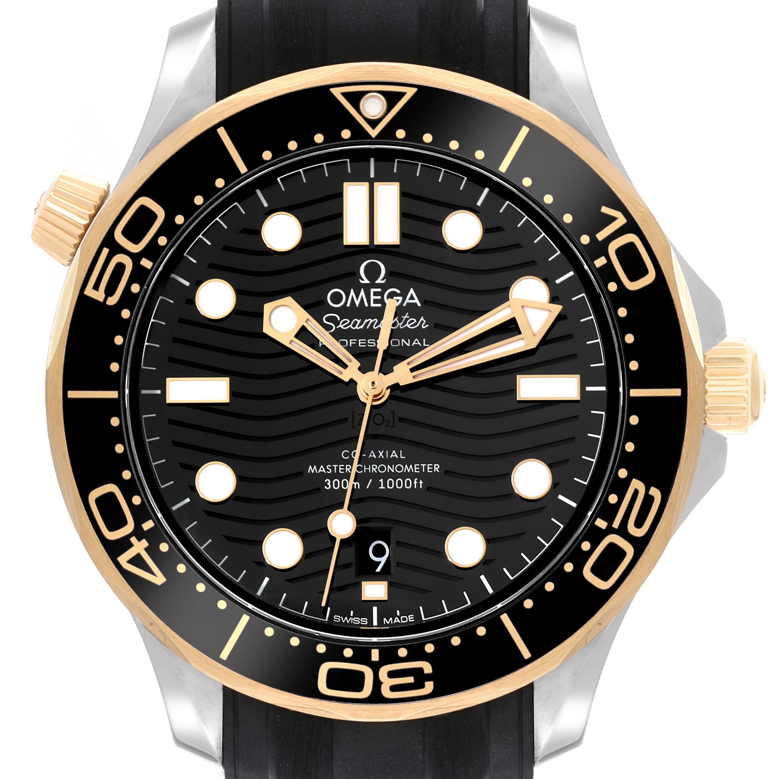 This image shows a front view of the Omega Seamaster 210.22.42.20.01.001 Men's Steel and Gold (two tone) Black Dial 210.22.42.20.01.001 Men's Steel and Gold (two tone) Black Dial watch face, bezel, and part of the rubber strap.