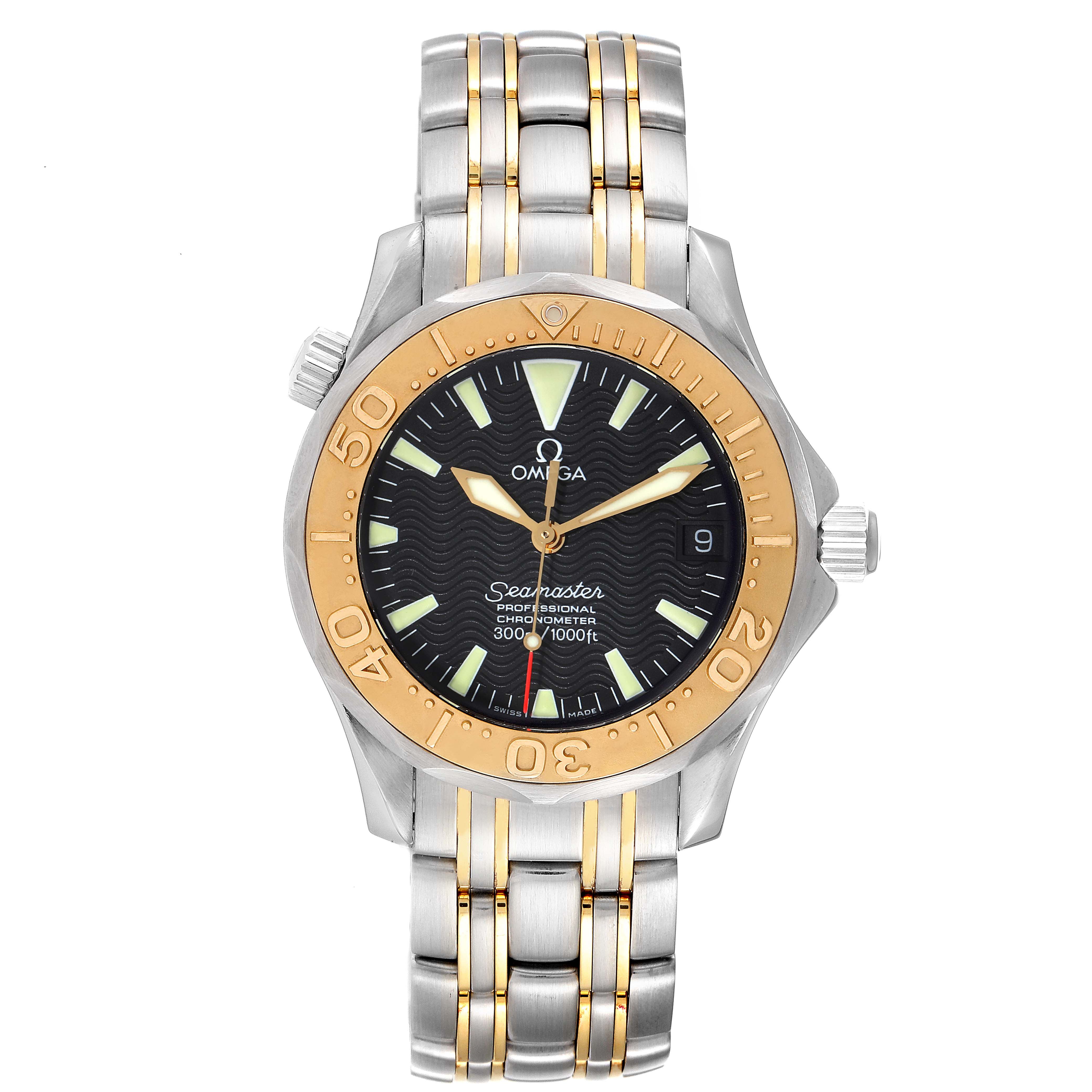 This image shows a front view of an Omega Seamaster 2453.50.00 Men's Steel and Gold (two tone) Black Dial 2453.50.00 Men's Steel and Gold (two tone) Black Dial watch, highlighting the dial, bezel, and bracelet.