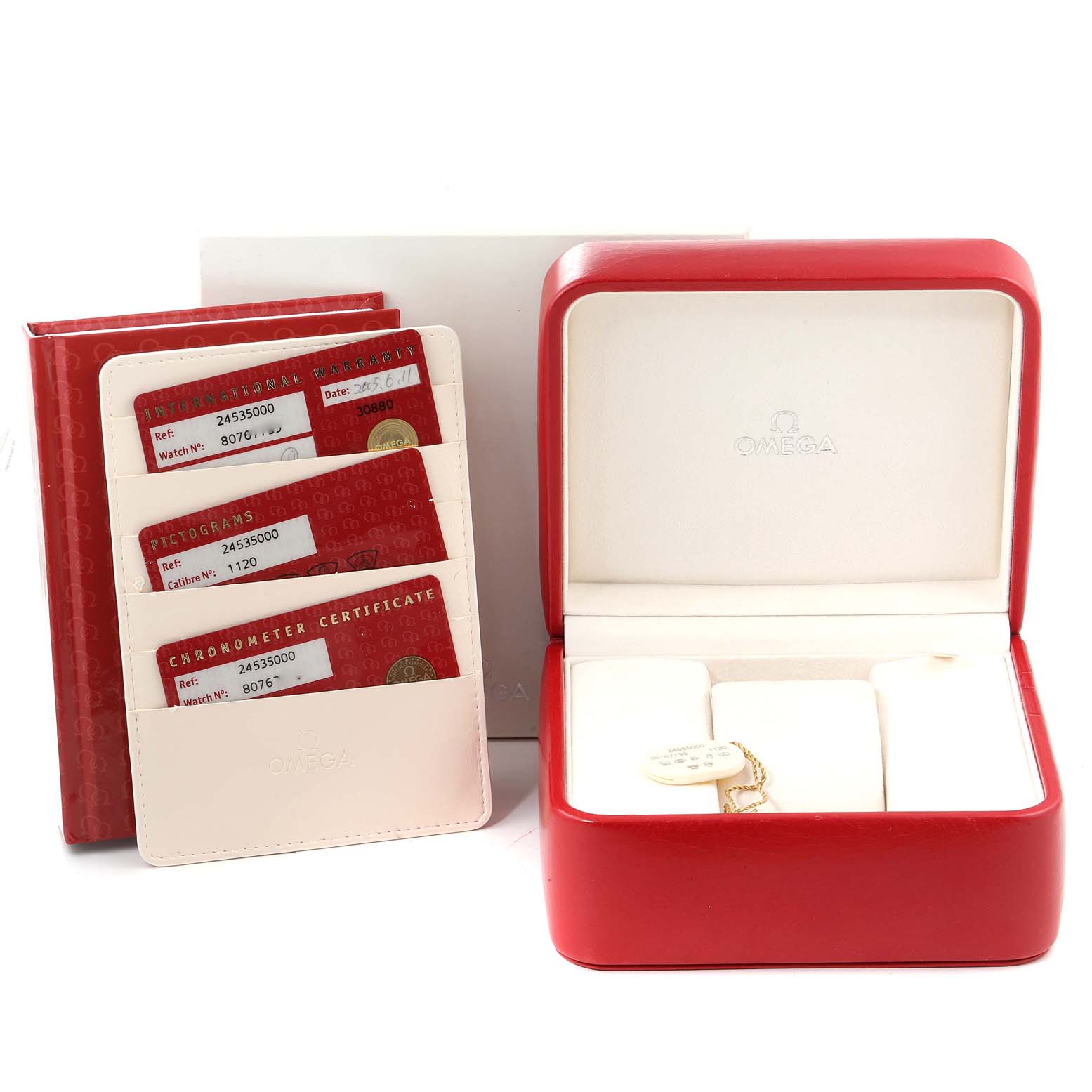 This image shows an Omega Seamaster 2453.50.00 Men's Steel and Gold (two tone) Black Dial 2453.50.00 Men's Steel and Gold (two tone) Black Dial watch box, warranty cards, a certificate, and a red Omega cardholder.