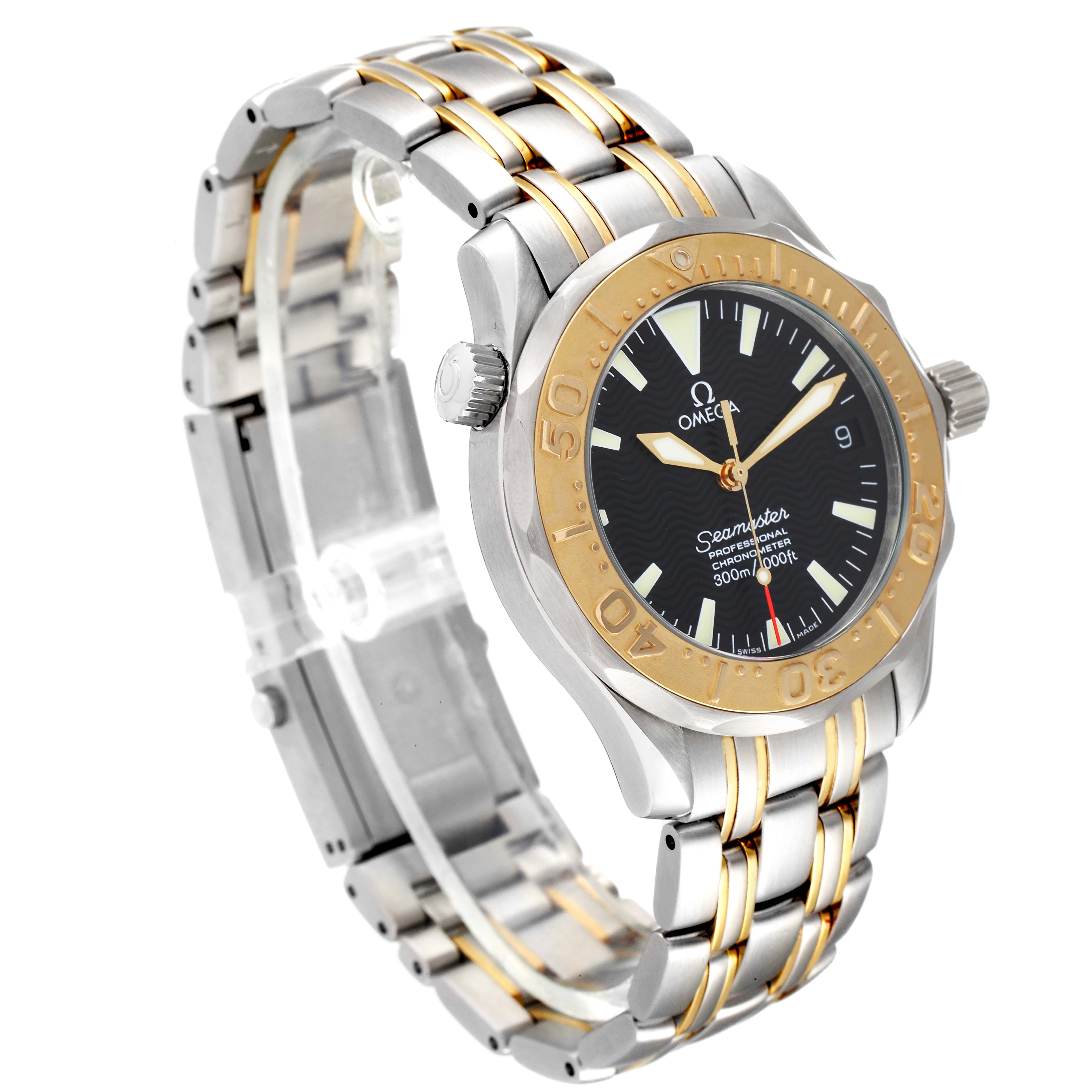 The Omega Seamaster 2453.50.00 Men's Steel and Gold (two tone) Black Dial 2453.50.00 Men's Steel and Gold (two tone) Black Dial watch is shown at a 3/4 angle, highlighting its black dial, gold bezel, and metal bracelet.