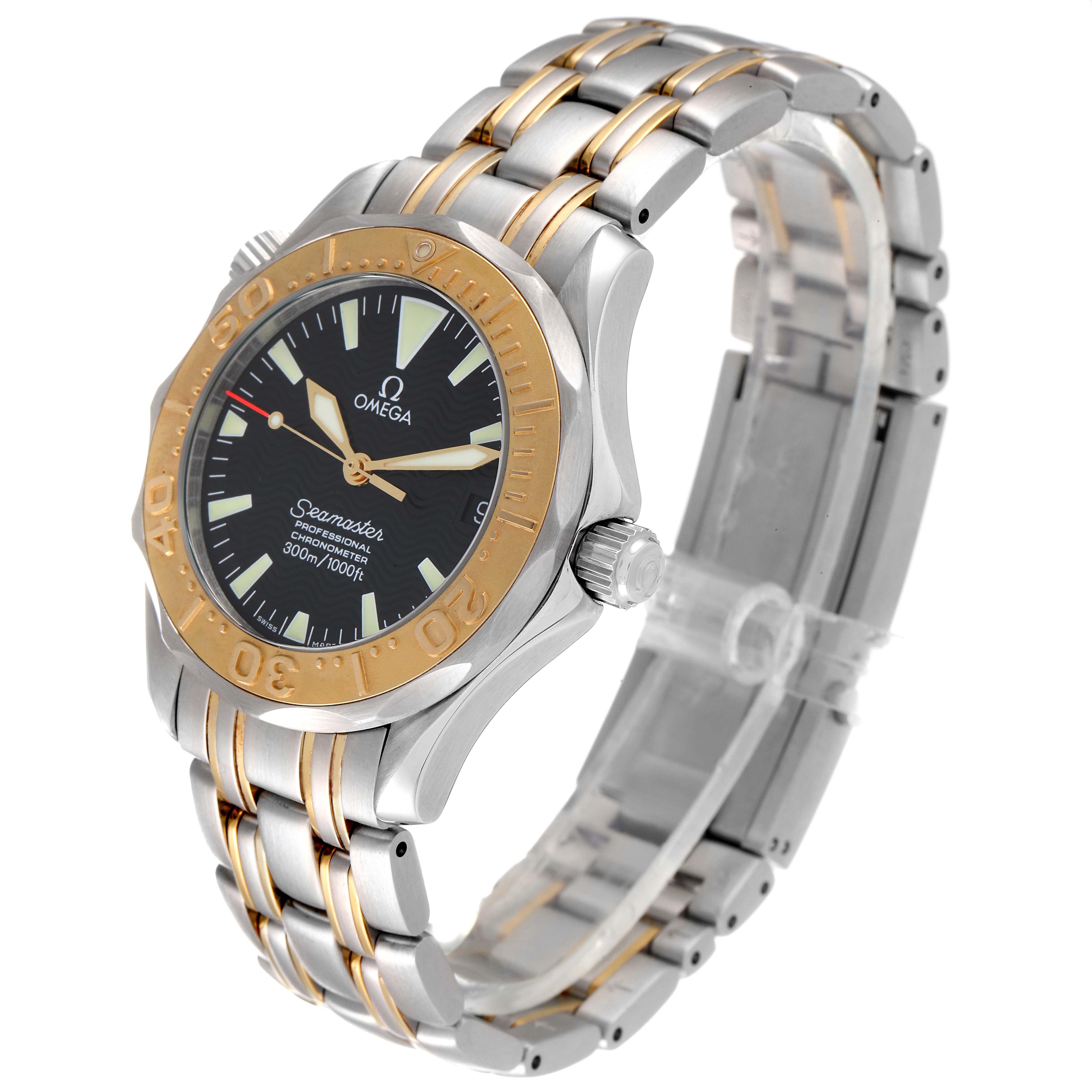 This image shows the Omega Seamaster 2453.50.00 Men's Steel and Gold (two tone) Black Dial 2453.50.00 Men's Steel and Gold (two tone) Black Dial watch from a three-quarter angle, highlighting its dial, bezel, bracelet, and crown.