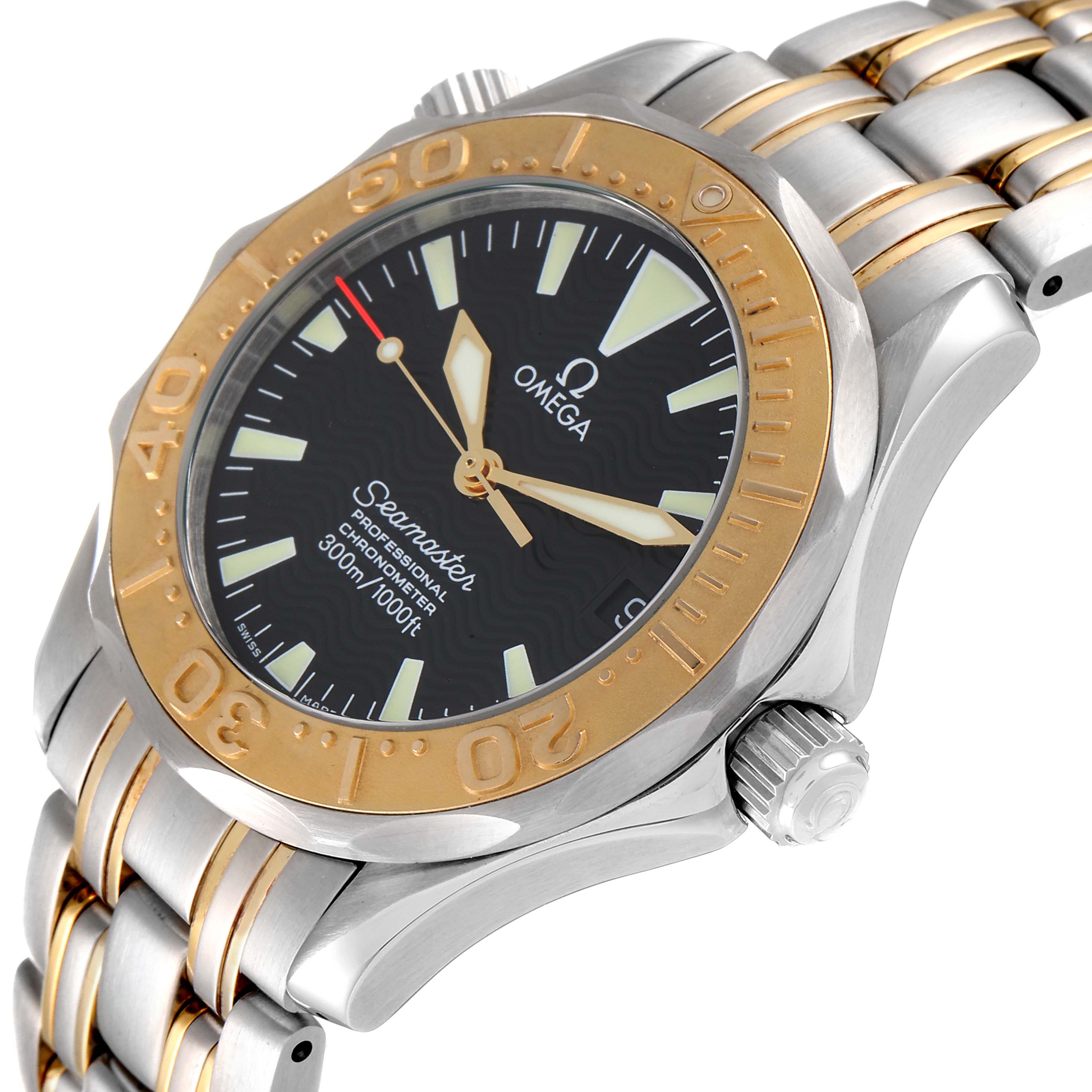 The image shows an Omega Seamaster 2453.50.00 Men's Steel and Gold (two tone) Black Dial 2453.50.00 Men's Steel and Gold (two tone) Black Dial watch at a slight angle, highlighting the face, bezel, crown, and part of the bracelet.
