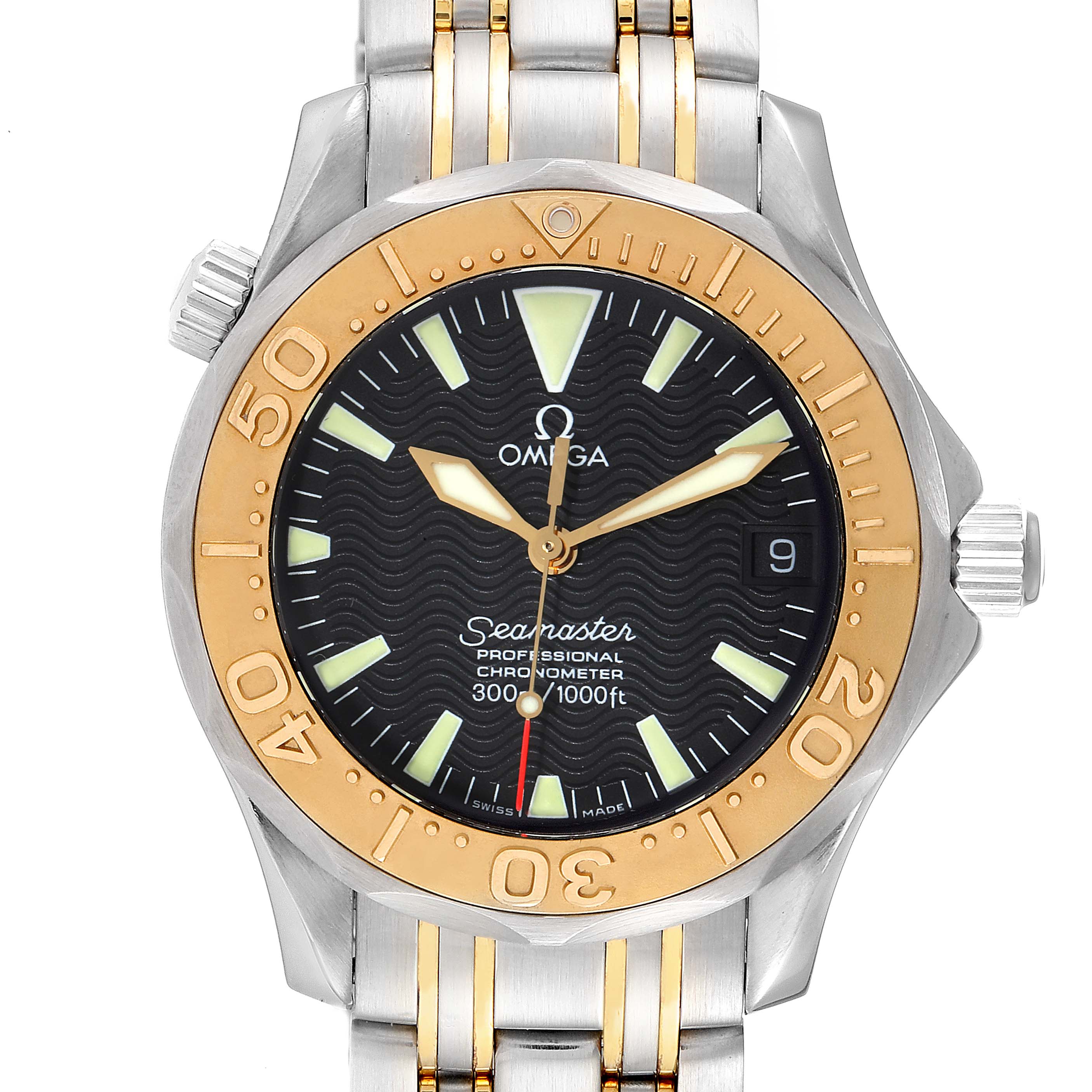 The image shows a front view of an Omega Seamaster 2453.50.00 Men's Steel and Gold (two tone) Black Dial 2453.50.00 Men's Steel and Gold (two tone) Black Dial watch, highlighting the bezel, dial, hands, and part of the bracelet.