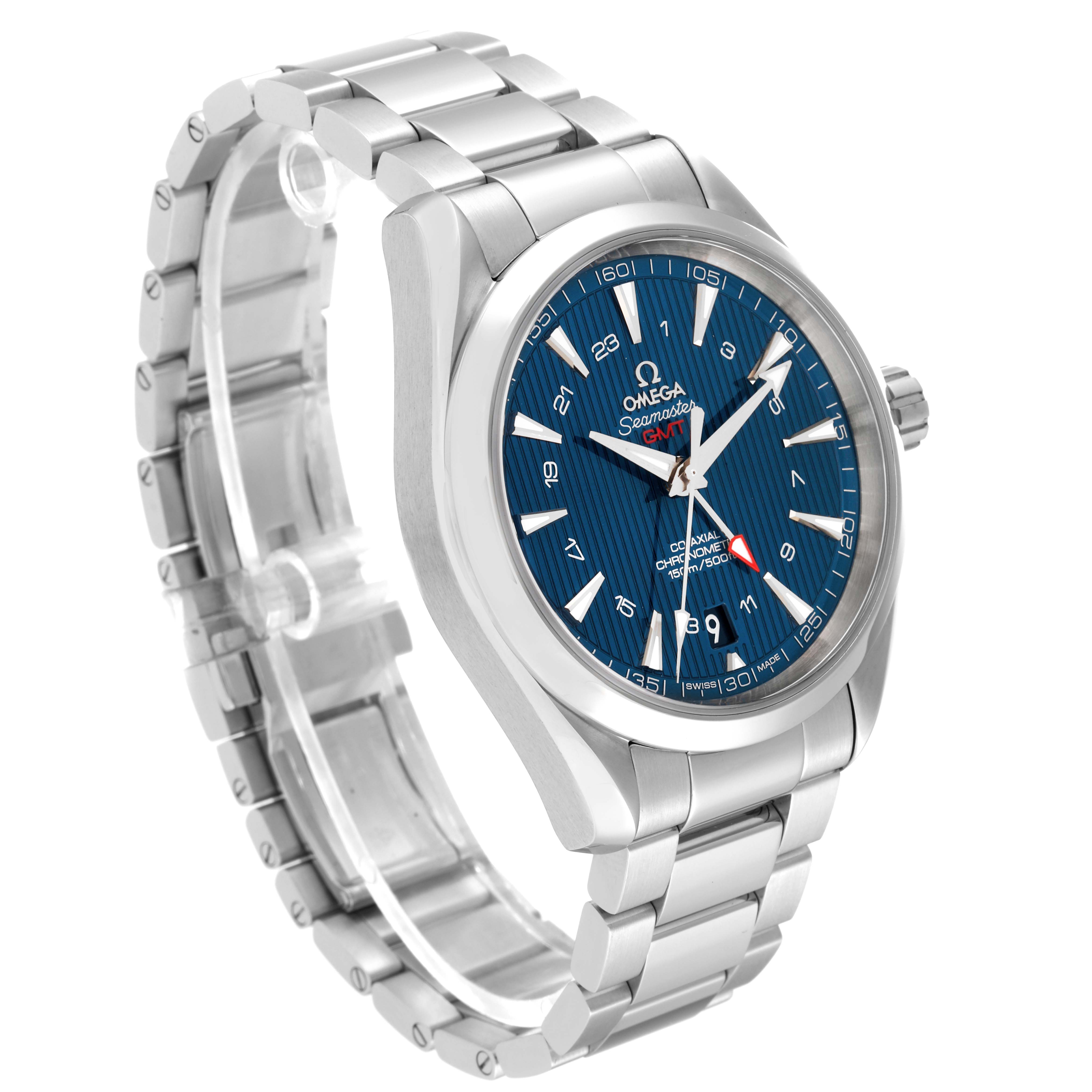 The image shows an Omega Aqua Terra 231.10.43.22.03.001 Men
s Stainless Steel Blue Dial 231.10.43.22.03.001 Men
s Stainless Steel Blue Dial watch at a three-quarter angle, highlighting the dial and stainless steel bracelet.