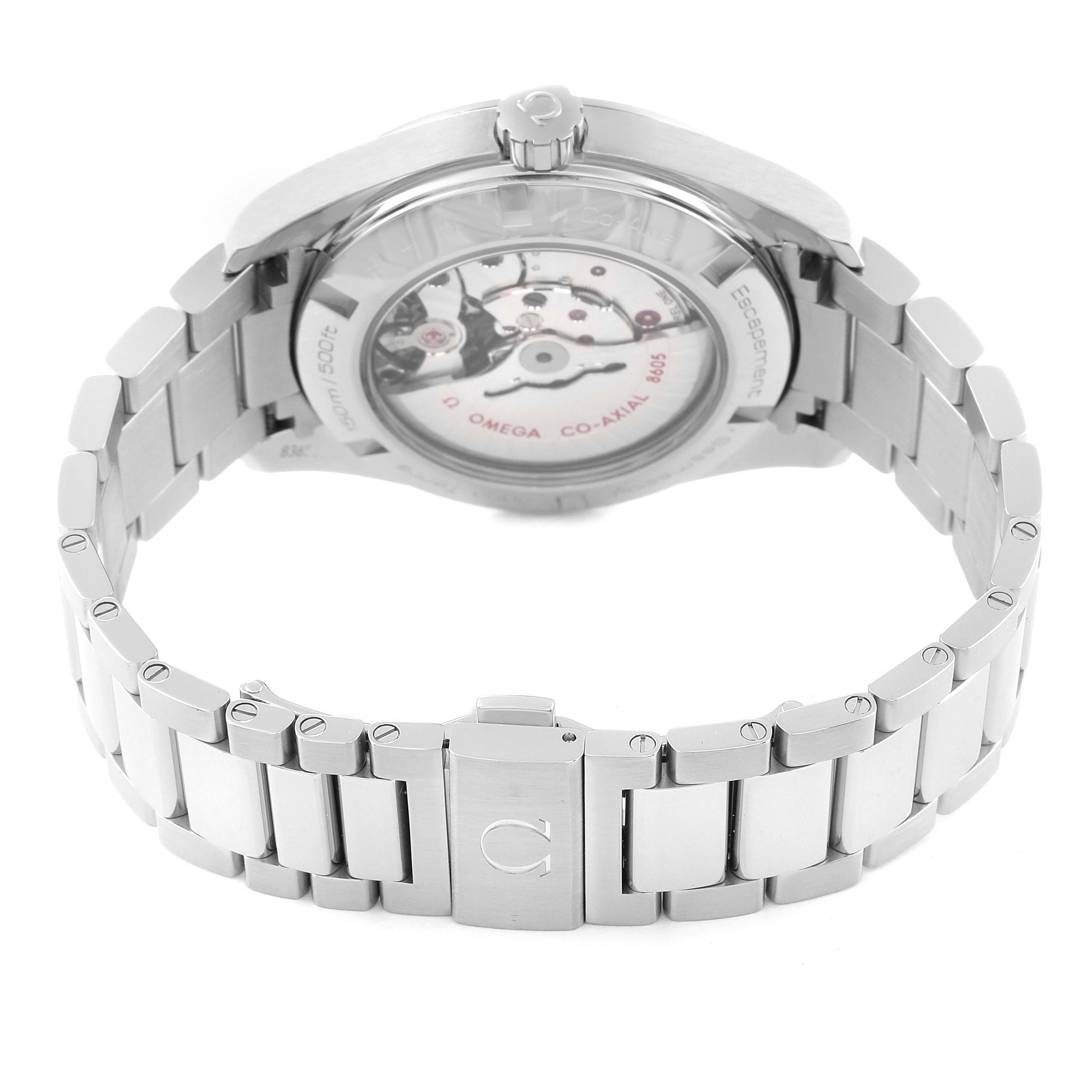 The image shows the back and bracelet of an Omega Aqua Terra 231.10.43.22.03.001 Men
s Stainless Steel Blue Dial 231.10.43.22.03.001 Men
s Stainless Steel Blue Dial watch at a slightly elevated angle.