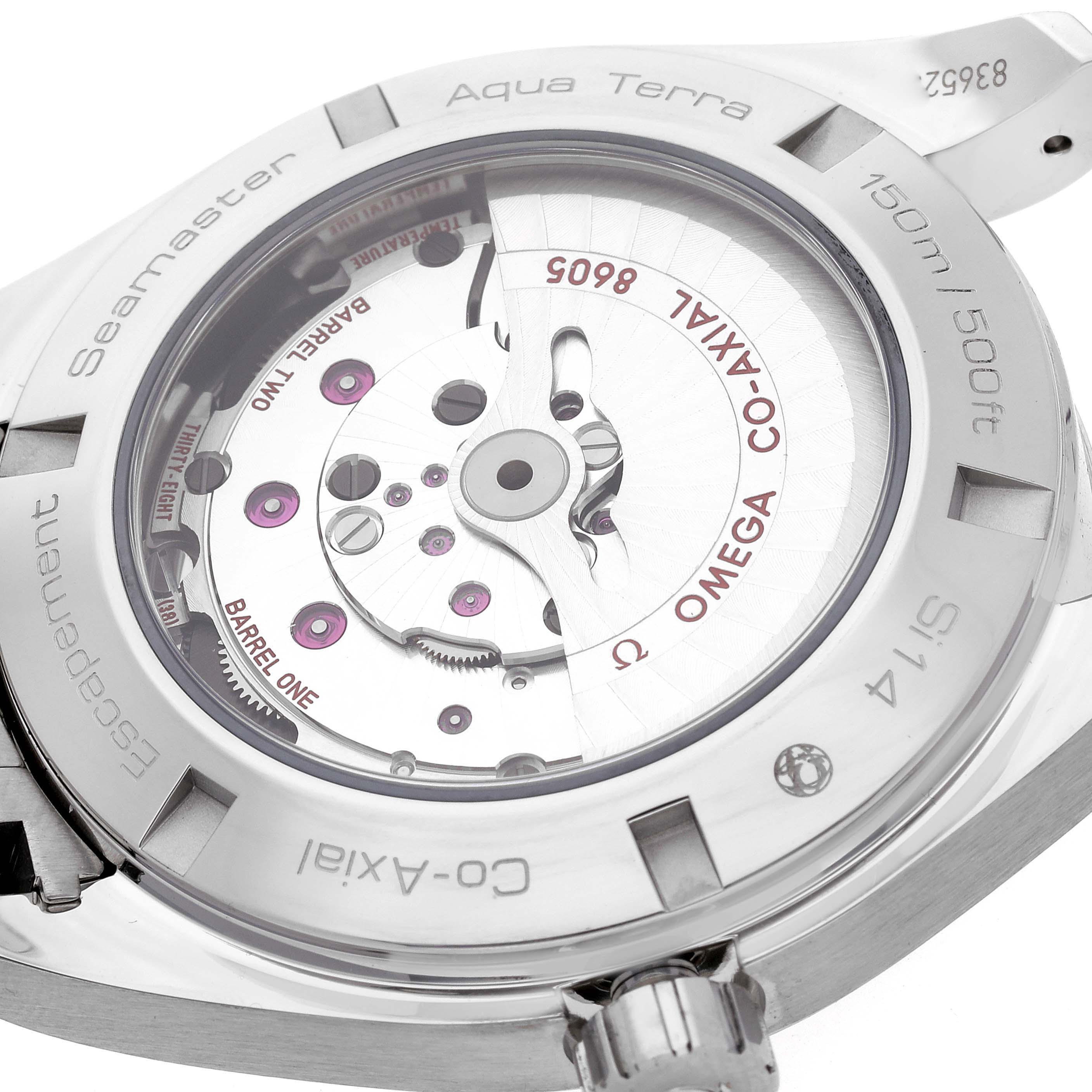 The image shows a close-up of the back case of an Omega Aqua Terra 231.10.43.22.03.001 Men
s Stainless Steel Blue Dial 231.10.43.22.03.001 Men
s Stainless Steel Blue Dial watch, revealing the inner mechanics and engravings.