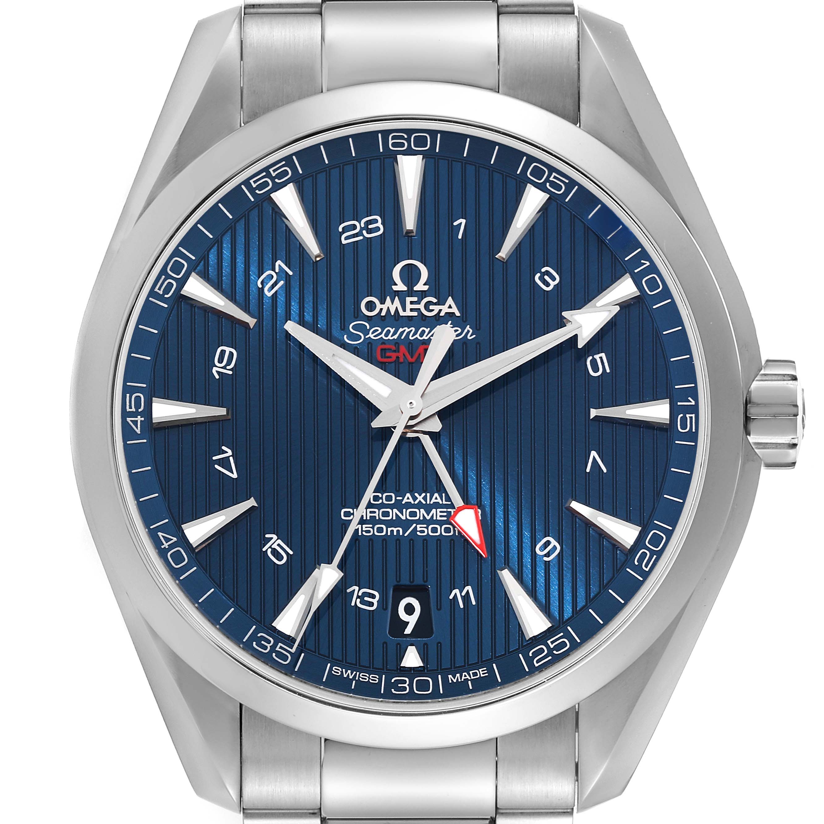 This image shows a front view of the Omega Aqua Terra 231.10.43.22.03.001 Men
s Stainless Steel Blue Dial 231.10.43.22.03.001 Men
s Stainless Steel Blue Dial model watch, highlighting its blue dial, hour markers, hands, and crown.