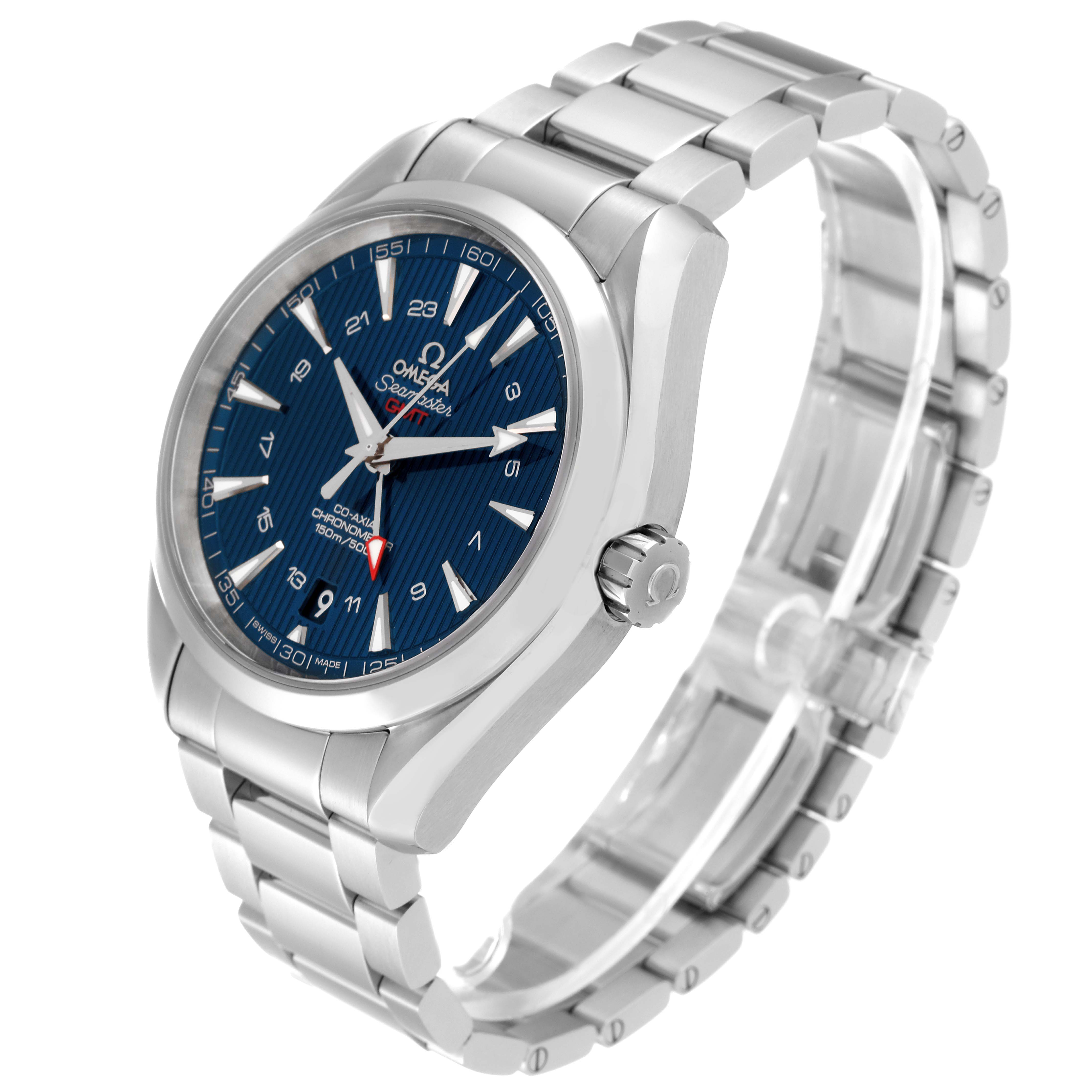 The image shows a side angle of the Omega Aqua Terra 231.10.43.22.03.001 Men
s Stainless Steel Blue Dial 231.10.43.22.03.001 Men
s Stainless Steel Blue Dial watch featuring its blue dial, stainless steel case, and bracelet.