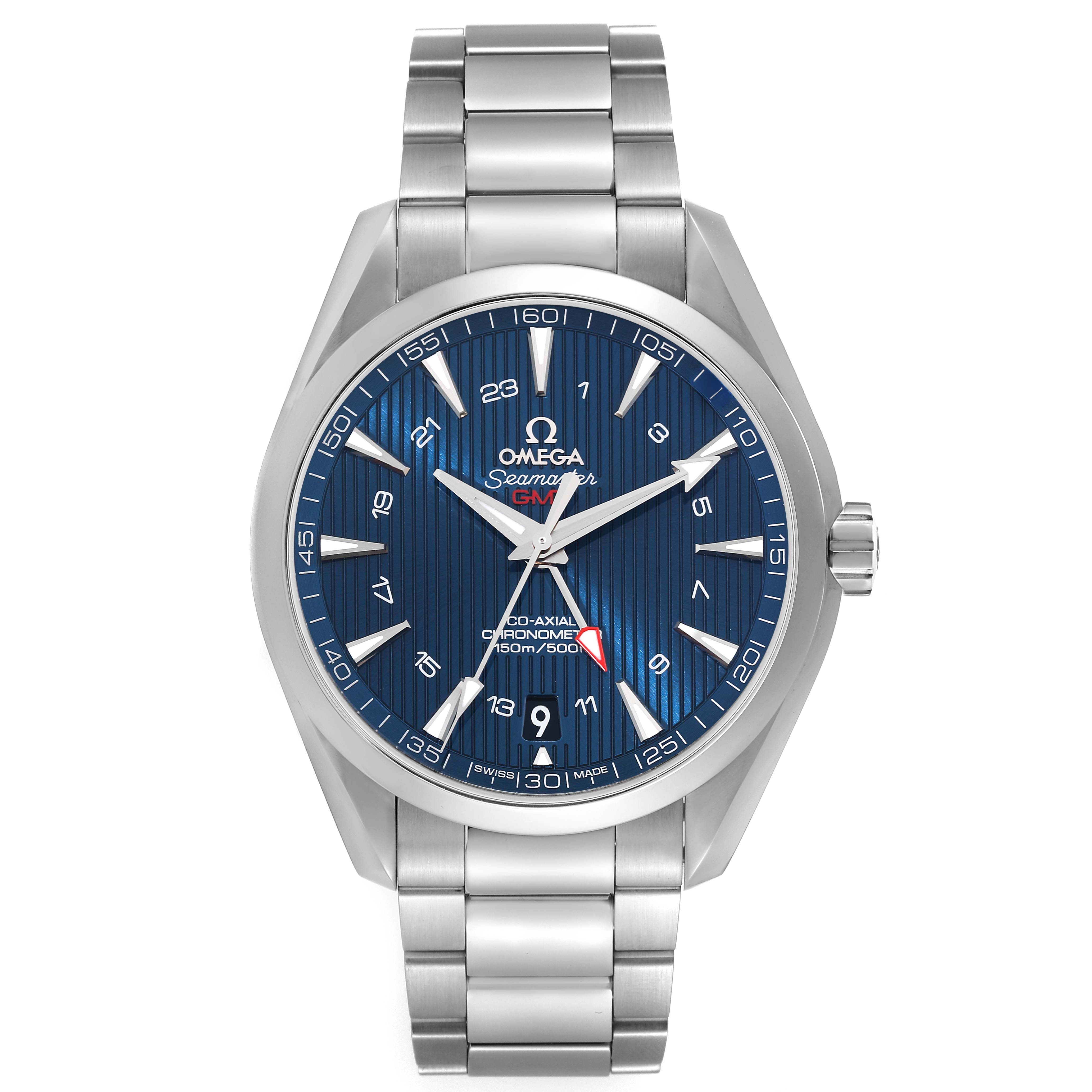 The Omega Aqua Terra 231.10.43.22.03.001 Men
s Stainless Steel Blue Dial 231.10.43.22.03.001 Men
s Stainless Steel Blue Dial watch is shown from the front, displaying its blue dial, hands, indices, and stainless steel bracelet.