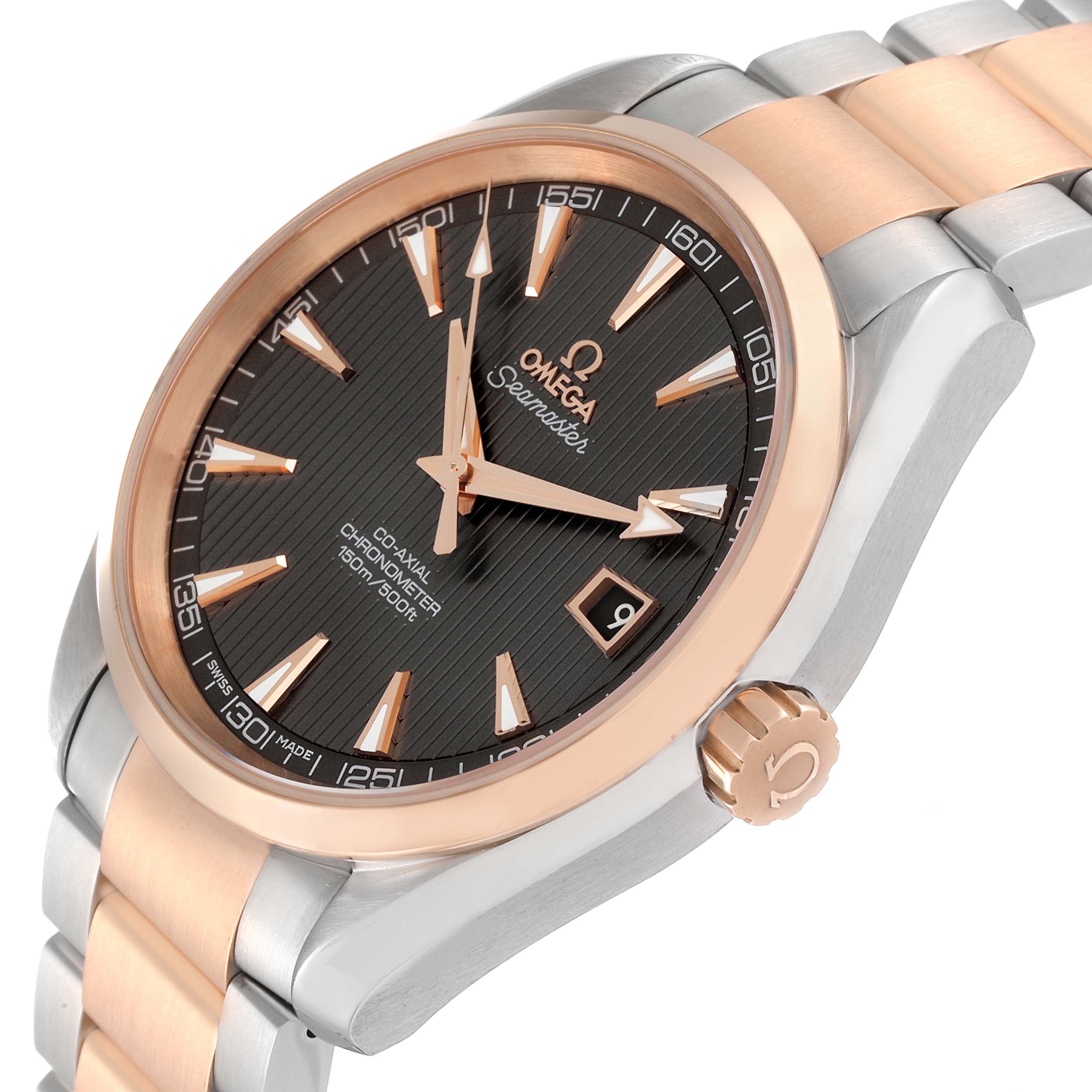 This image shows a close-up angle of the Omega Aqua Terra 231.20.42.21.06.001 Men
s Steel and Gold (two tone) Grey Dial 231.20.42.21.06.001 Men
s Steel and Gold (two tone) Grey Dial watch, highlighting its dial, bezel, crown, and part of the bracelet.