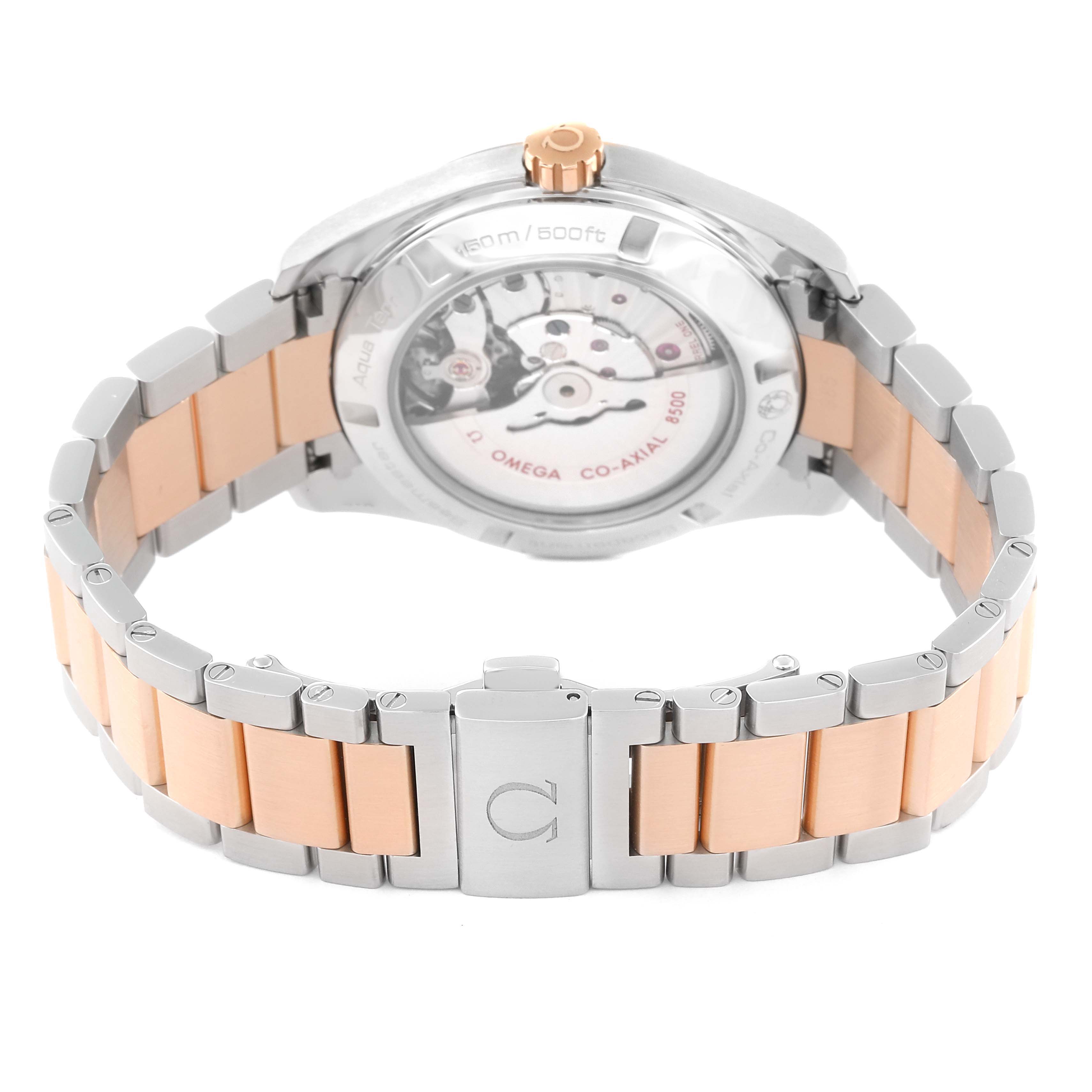 This image shows the back of the Omega Aqua Terra 231.20.42.21.06.001 Men
s Steel and Gold (two tone) Grey Dial 231.20.42.21.06.001 Men
s Steel and Gold (two tone) Grey Dial watch, highlighting the movement and a two-tone bracelet.