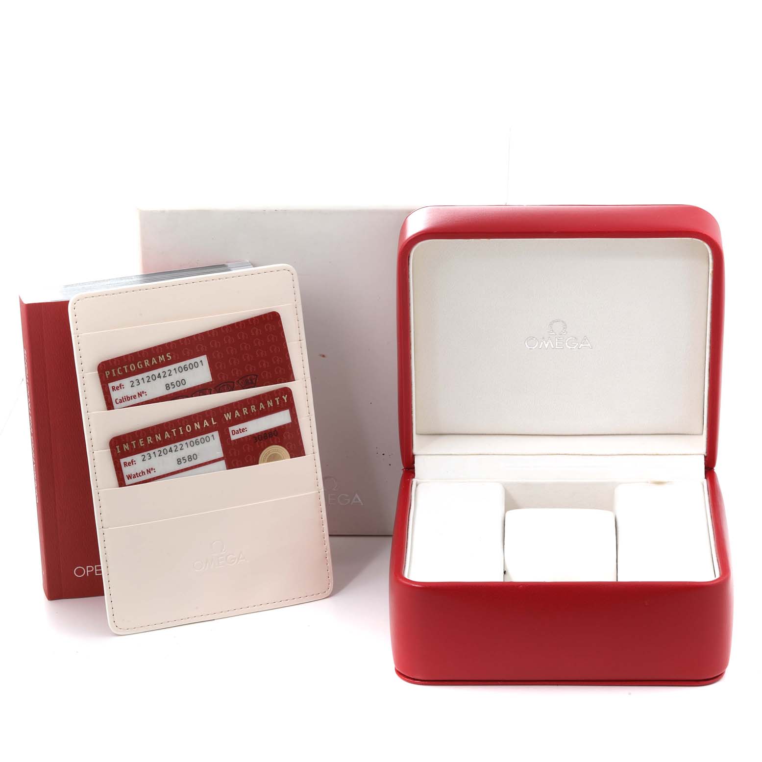 The image shows an Omega Aqua Terra 231.20.42.21.06.001 Men
s Steel and Gold (two tone) Grey Dial 231.20.42.21.06.001 Men
s Steel and Gold (two tone) Grey Dial watch box, a warranty cardholder, and packaging at a front angle.