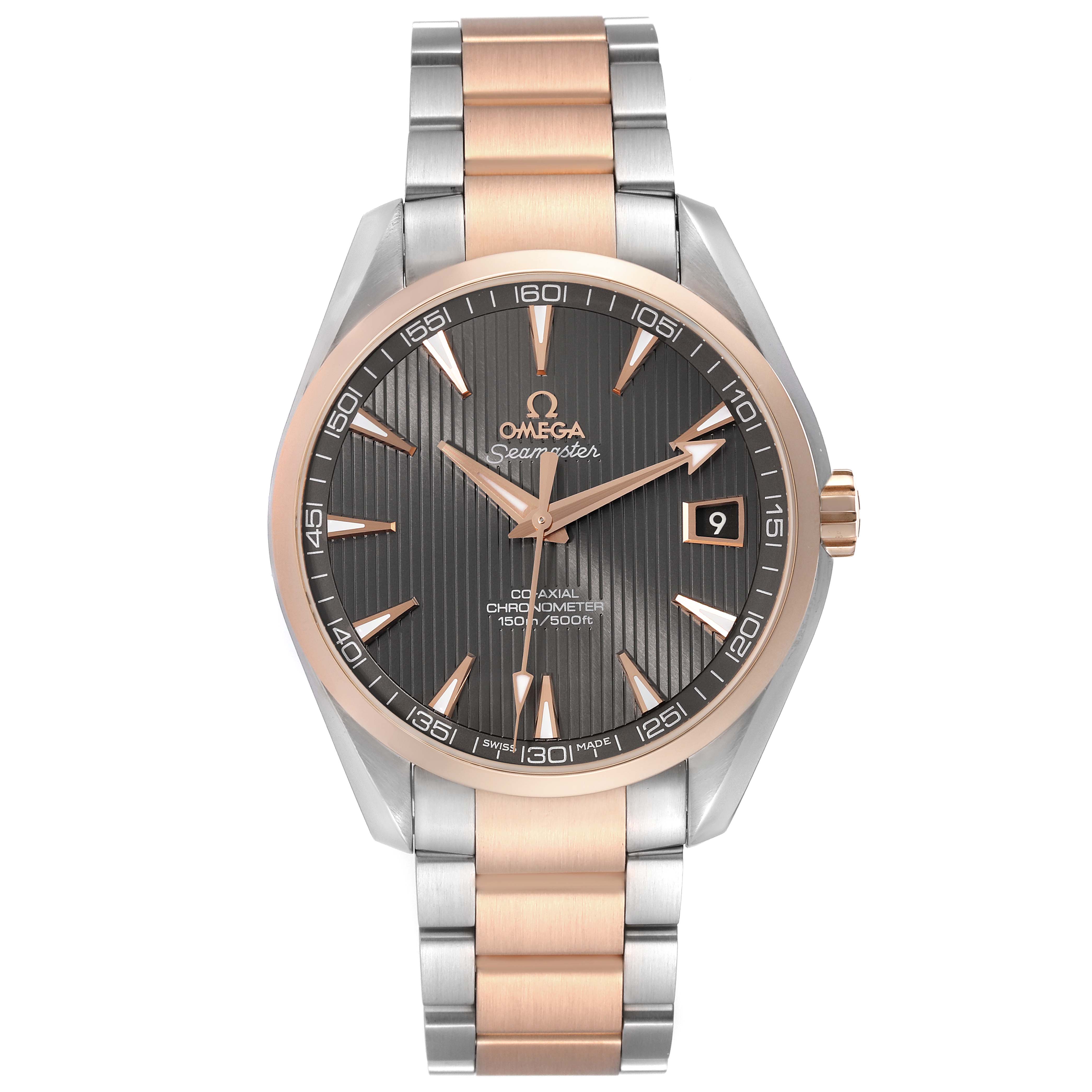 The image shows the front view of an Omega Aqua Terra 231.20.42.21.06.001 Men
s Steel and Gold (two tone) Grey Dial 231.20.42.21.06.001 Men
s Steel and Gold (two tone) Grey Dial watch, displaying the face, bezel, and bracelet.