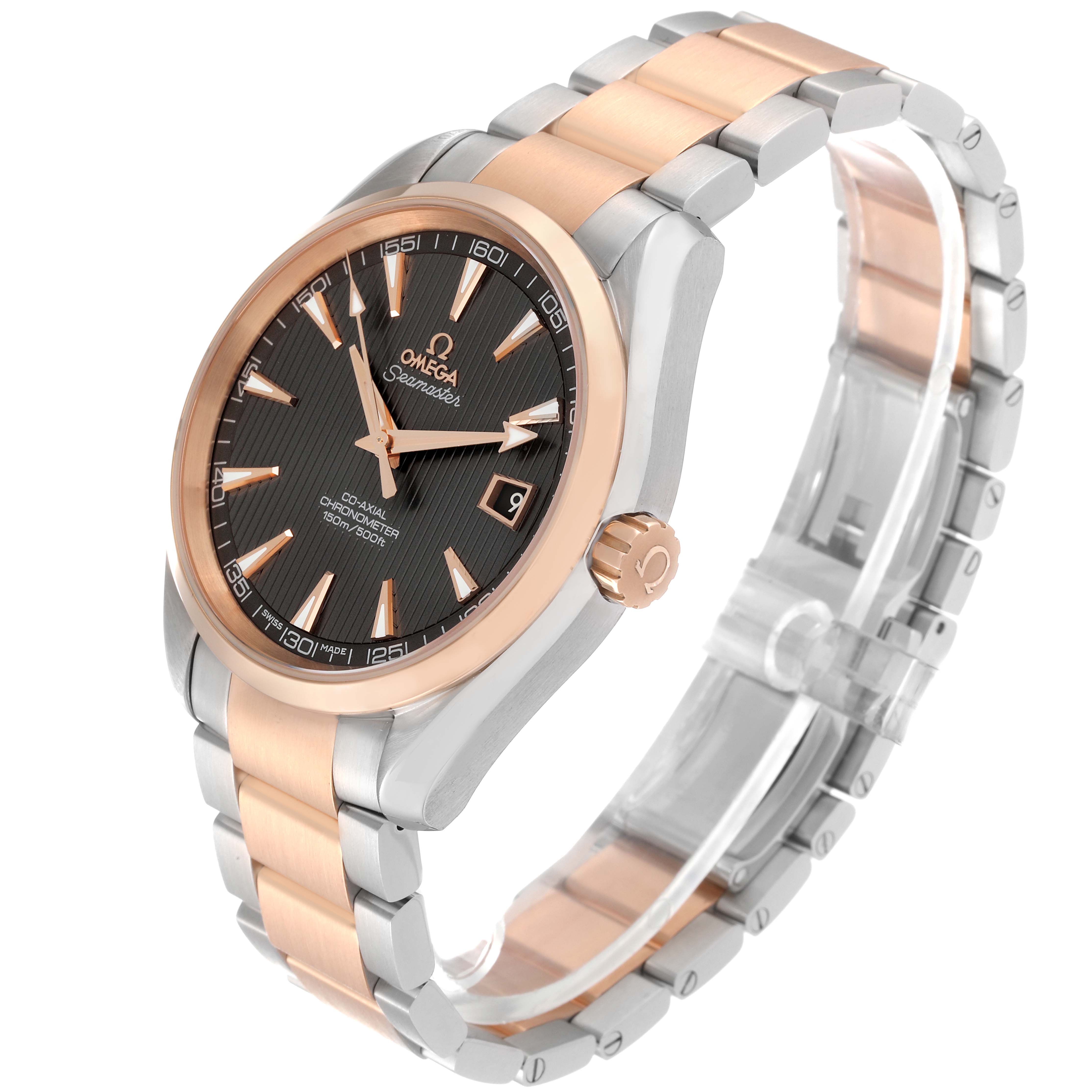 This image shows the Omega Aqua Terra 231.20.42.21.06.001 Men
s Steel and Gold (two tone) Grey Dial 231.20.42.21.06.001 Men
s Steel and Gold (two tone) Grey Dial watch from an angled side view, highlighting the face, bezel, crown, and metal strap.