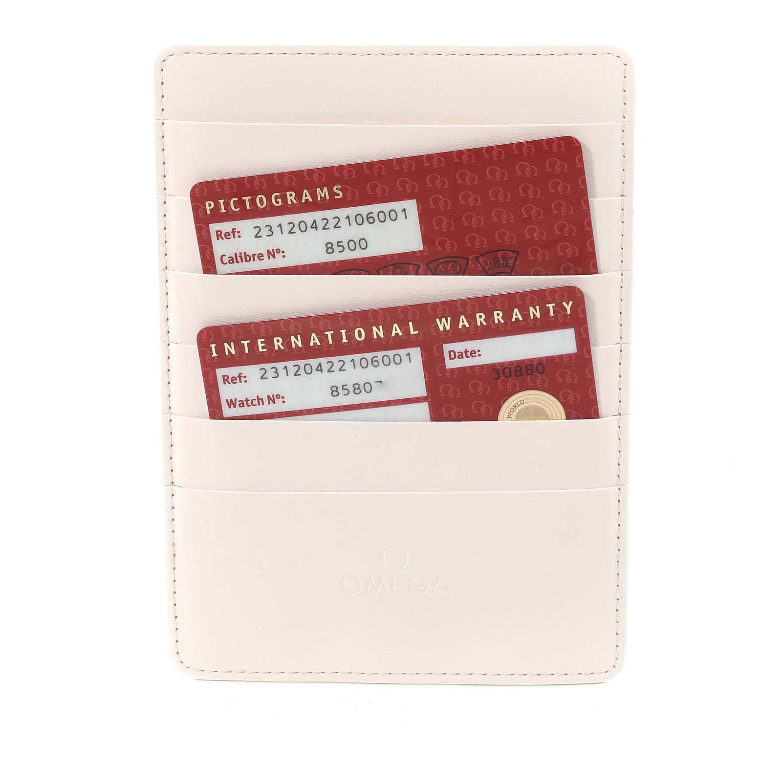 The image shows warranty and pictogram cards for the Omega Aqua Terra 231.20.42.21.06.001 Men
s Steel and Gold (two tone) Grey Dial 231.20.42.21.06.001 Men
s Steel and Gold (two tone) Grey Dial model in a white cardholder.