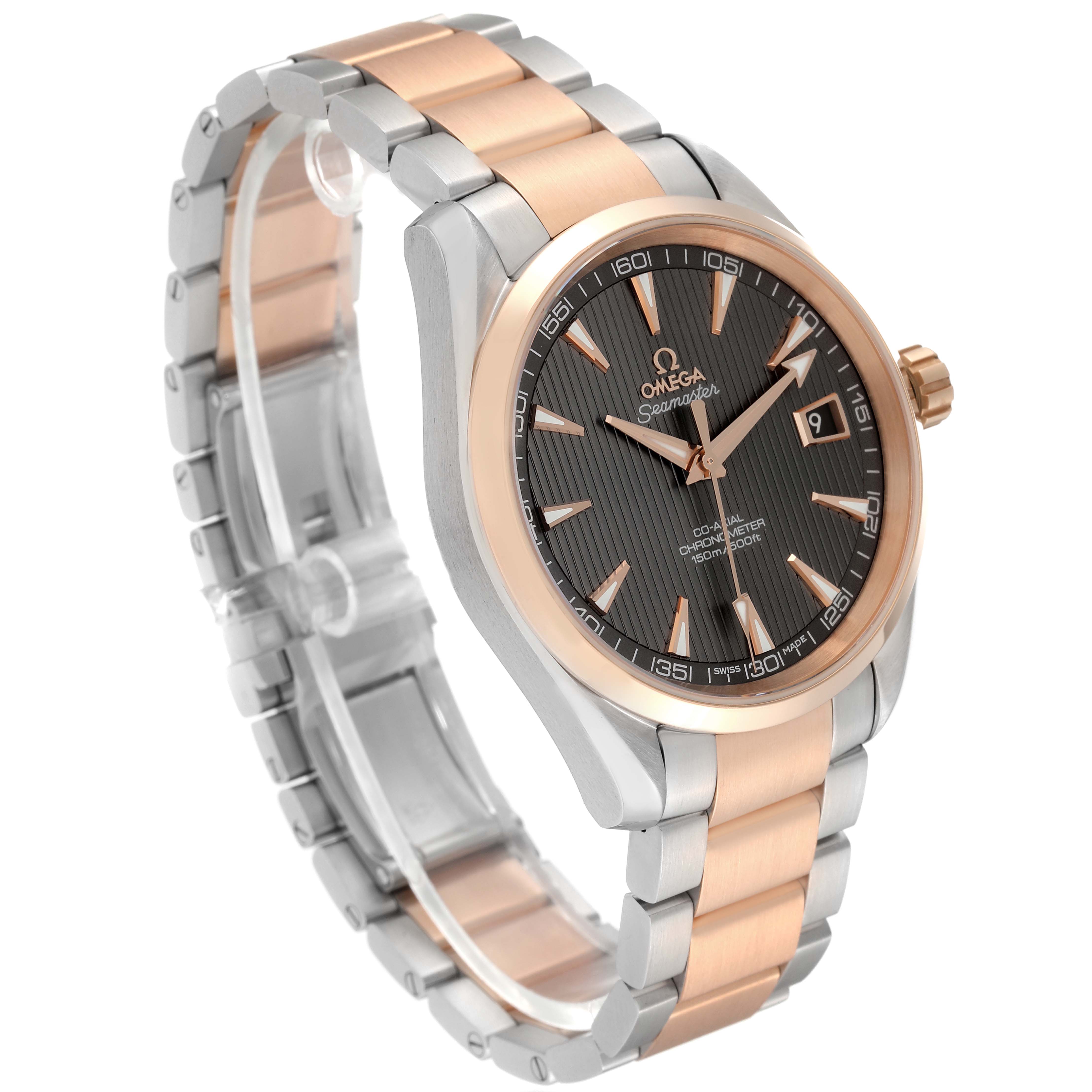 The image shows an angled view of an Omega Aqua Terra 231.20.42.21.06.001 Men
s Steel and Gold (two tone) Grey Dial 231.20.42.21.06.001 Men
s Steel and Gold (two tone) Grey Dial watch, highlighting its face, bezel, and two-tone bracelet.