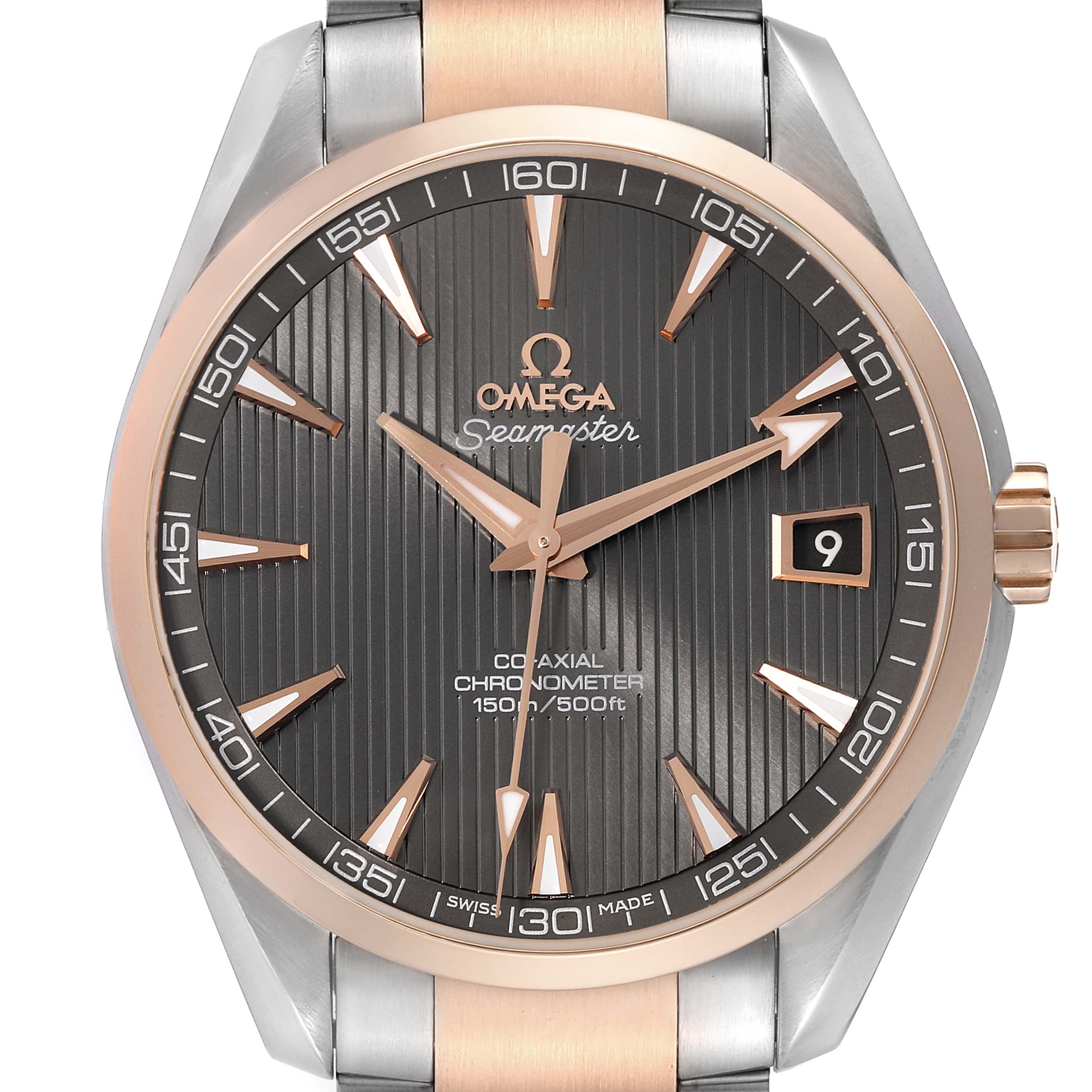 The Omega Aqua Terra 231.20.42.21.06.001 Men
s Steel and Gold (two tone) Grey Dial 231.20.42.21.06.001 Men
s Steel and Gold (two tone) Grey Dial watch is shown from a straight-on angle, displaying its face, bezel, and part of the bracelet in two-tone silver and rose gold.