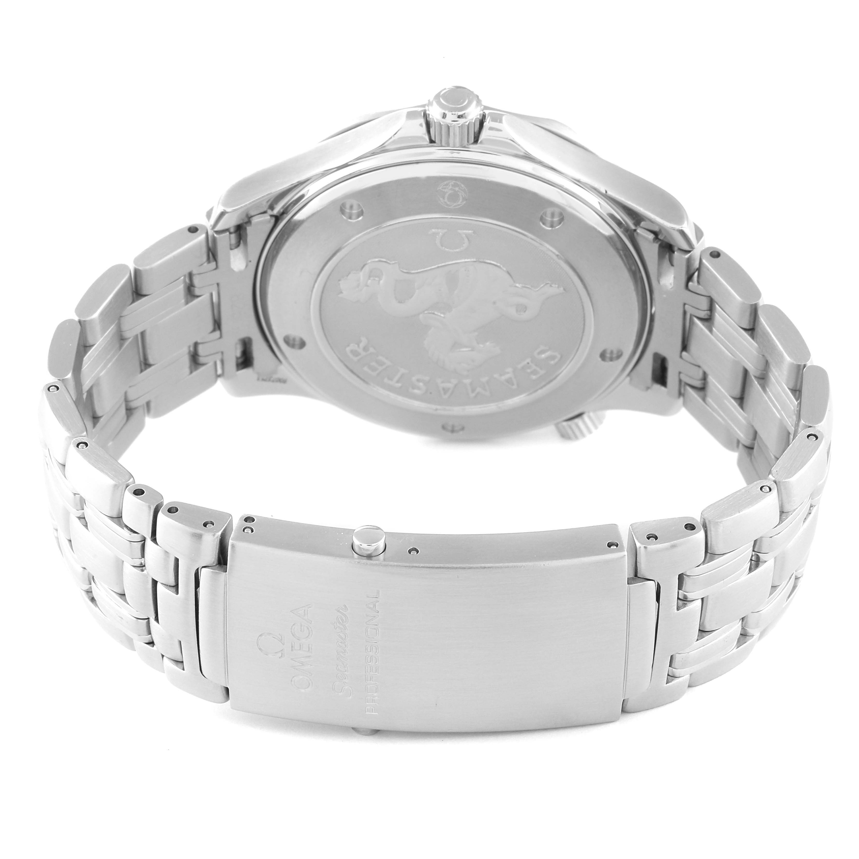 This image shows the back view of an Omega Seamaster 2221.80.00 Men's Stainless Steel Blue Dial 2221.80.00 Men's Stainless Steel Blue Dial watch, highlighting its case back and metal bracelet with the clasp.