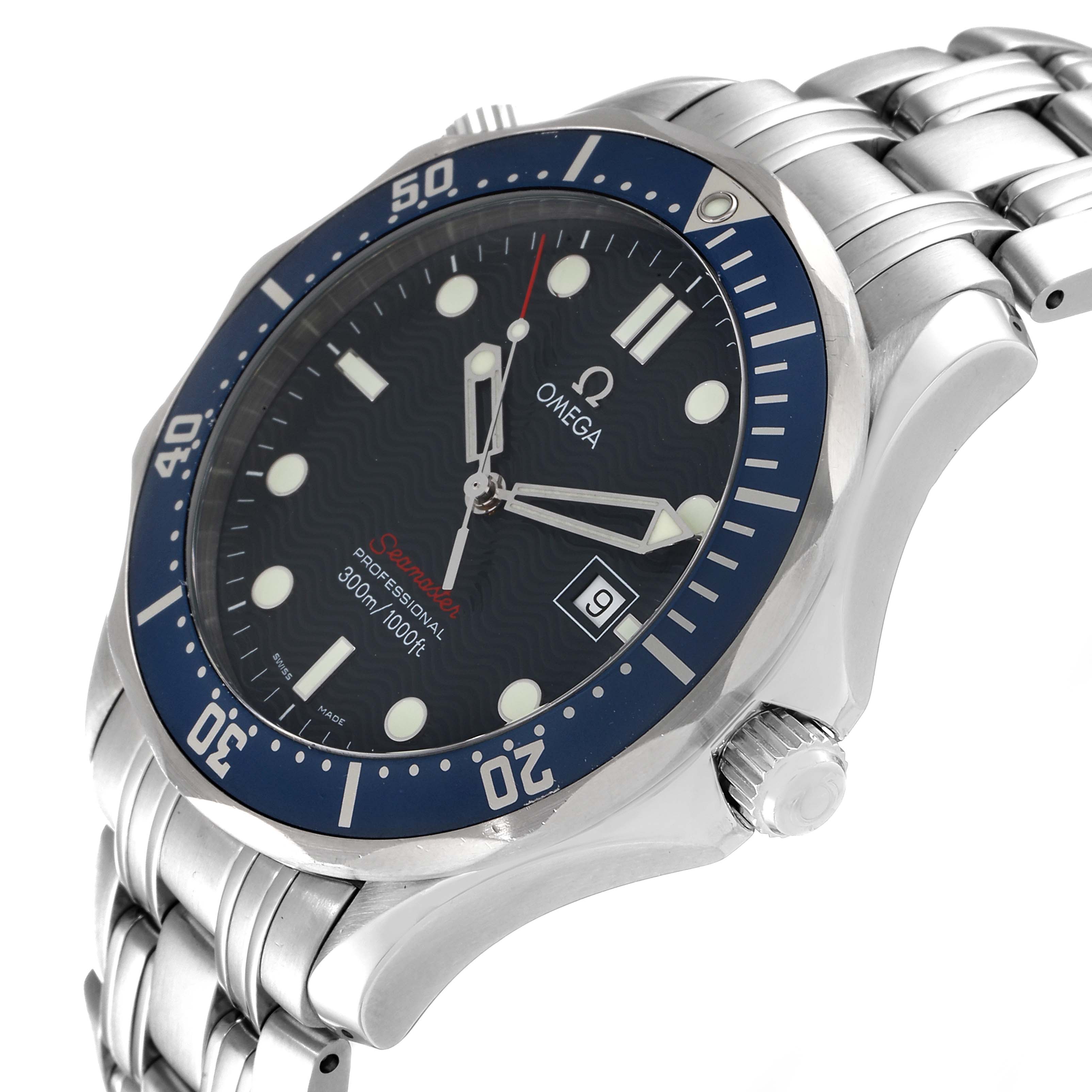 The Omega Seamaster 2221.80.00 Men's Stainless Steel Blue Dial 2221.80.00 Men's Stainless Steel Blue Dial watch is shown from a front-side angle, displaying its face, bezel, case, crown, and stainless steel bracelet.