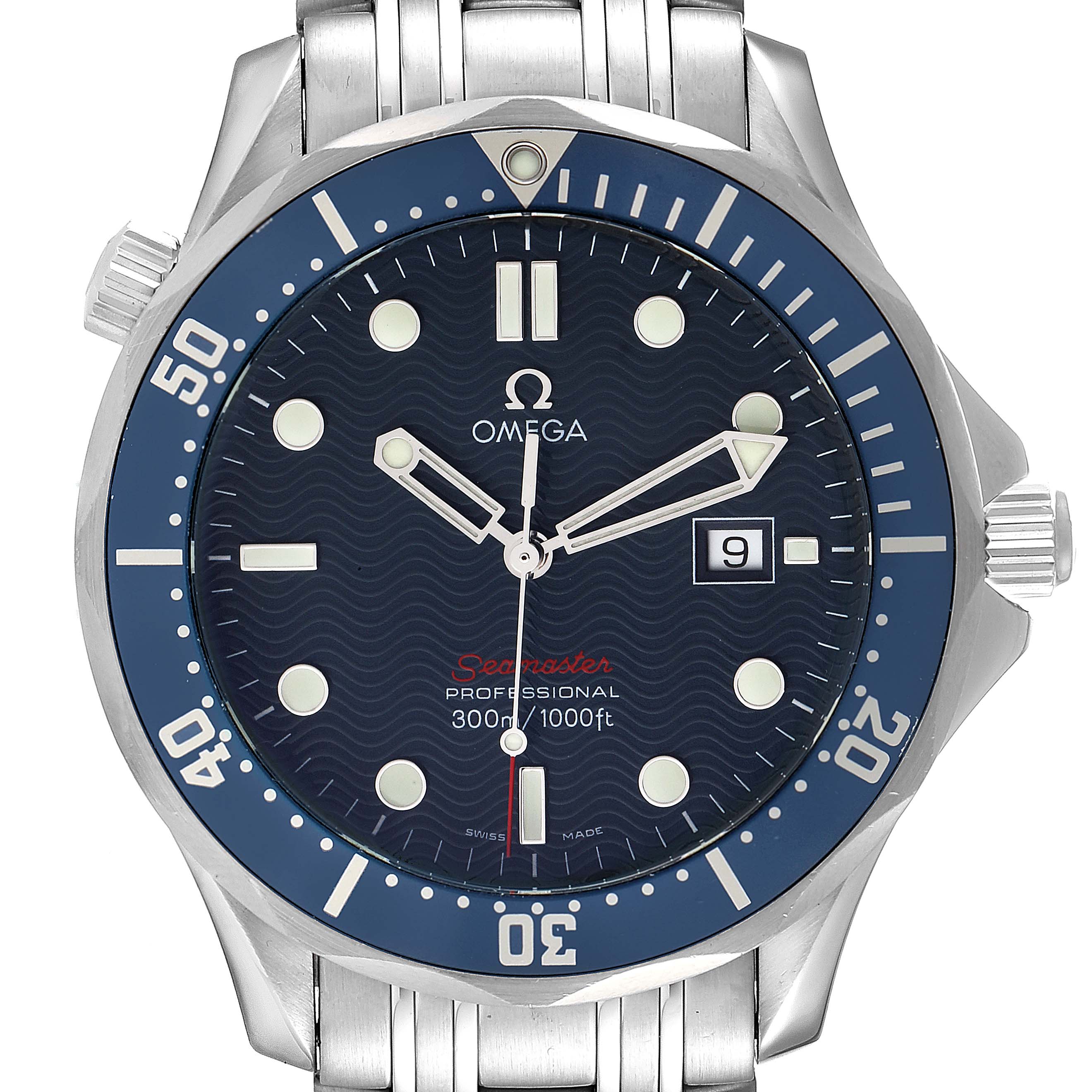 The image shows a front view of the Omega Seamaster 2221.80.00 Men's Stainless Steel Blue Dial 2221.80.00 Men's Stainless Steel Blue Dial watch, displaying the dial, bezel, and part of the bracelet.