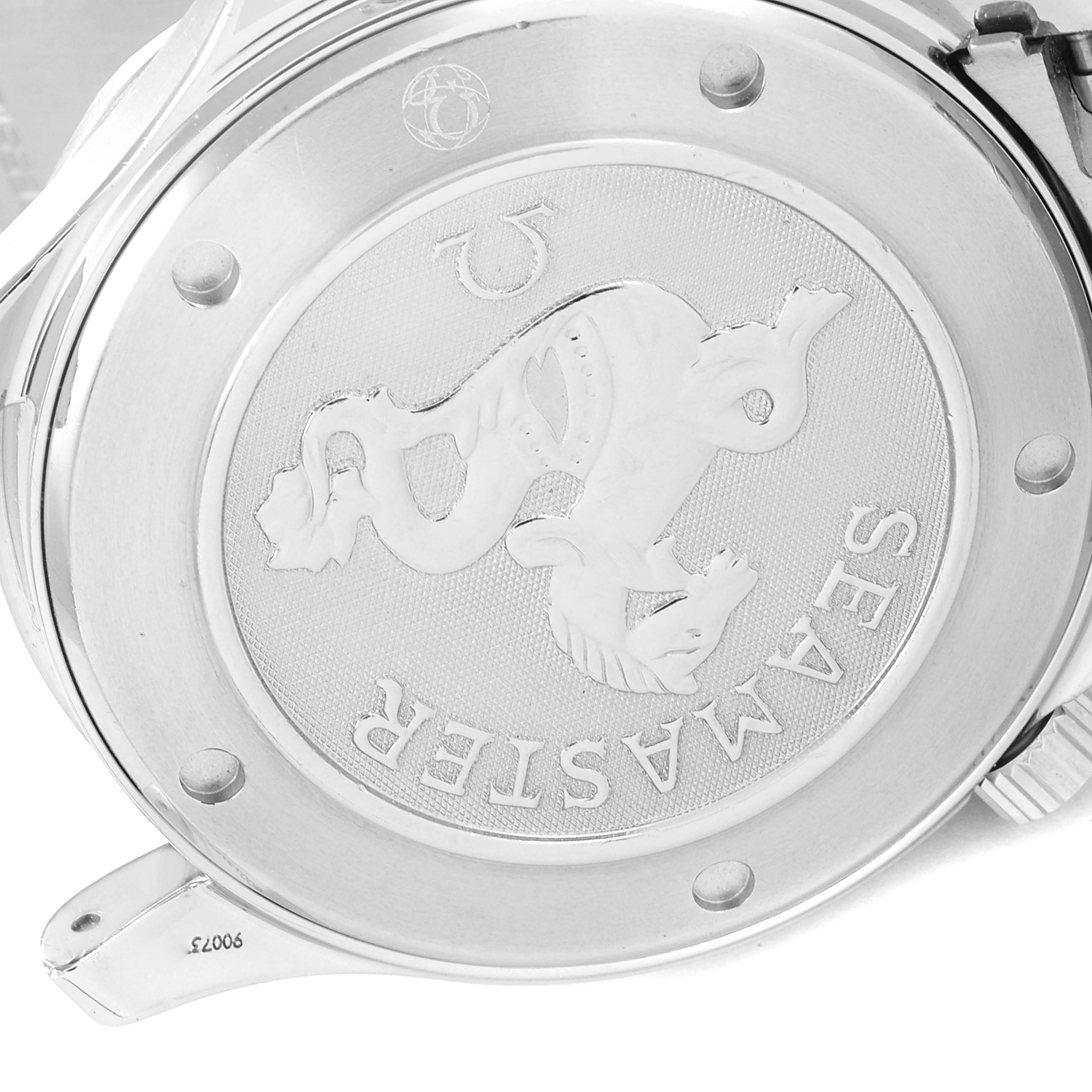 This image shows the back casing of an Omega Seamaster 2221.80.00 Men's Stainless Steel Blue Dial 2221.80.00 Men's Stainless Steel Blue Dial watch, featuring the engraved Seahorse logo and model name.