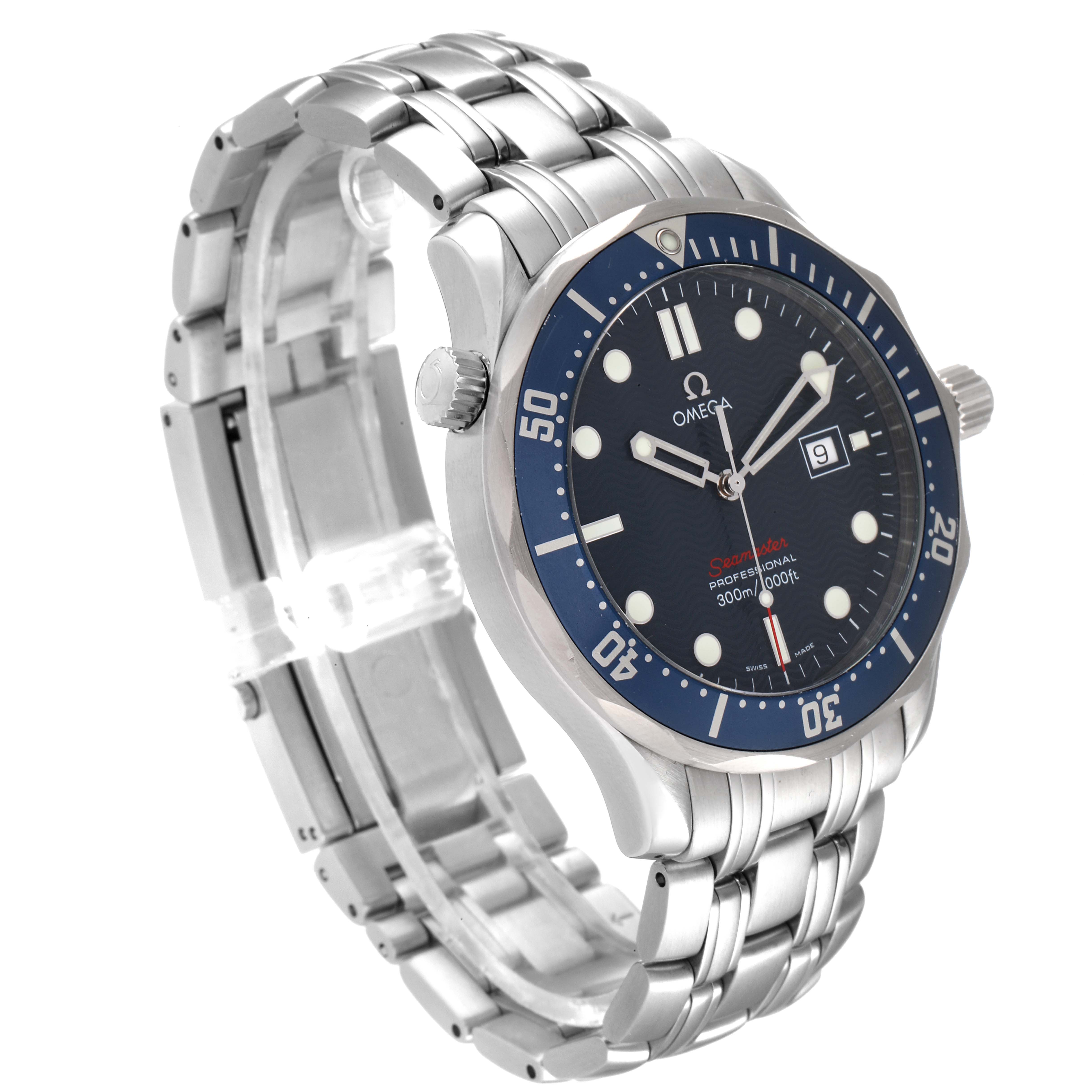 The image shows an Omega Seamaster 2221.80.00 Men's Stainless Steel Blue Dial 2221.80.00 Men's Stainless Steel Blue Dial watch at a 3/4 angle, highlighting the face, bezel, crown, and metal bracelet.