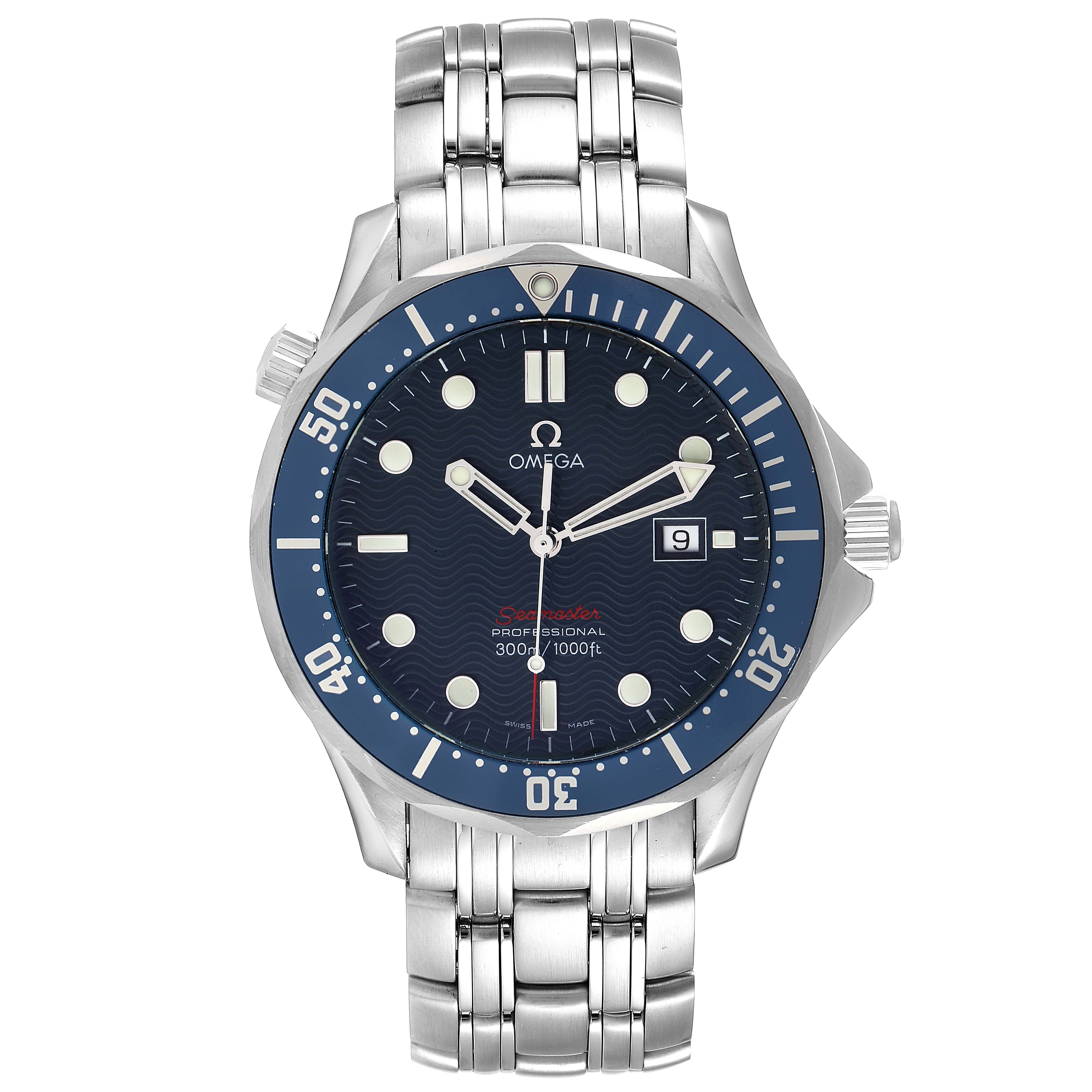 The image shows a front view of the Omega Seamaster 2221.80.00 Men's Stainless Steel Blue Dial 2221.80.00 Men's Stainless Steel Blue Dial watch, displaying the dial, bezel, and stainless steel bracelet.