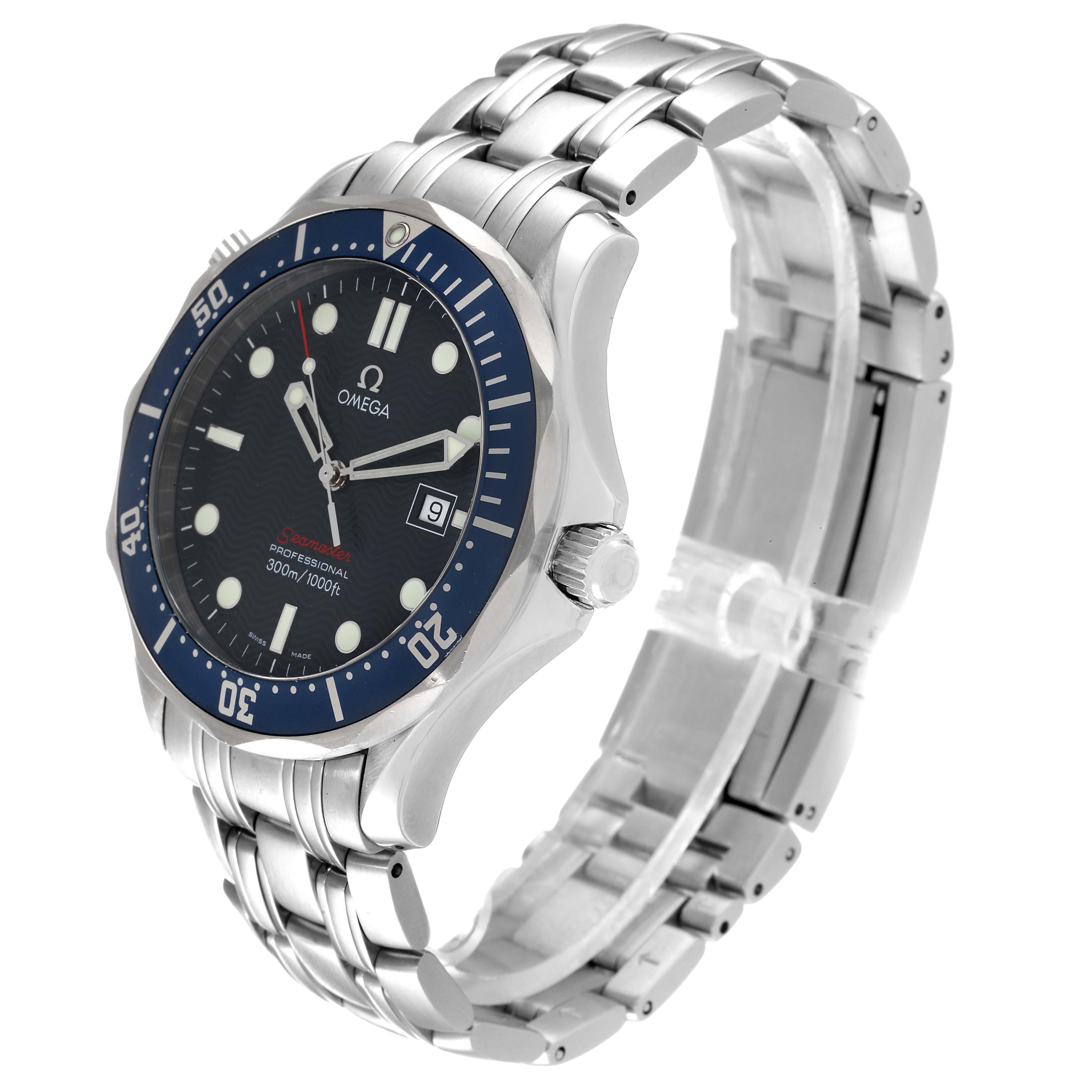 The Omega Seamaster 2221.80.00 Men's Stainless Steel Blue Dial 2221.80.00 Men's Stainless Steel Blue Dial watch is shown at a three-quarter angle, displaying the face, bezel, crown, and stainless steel bracelet.