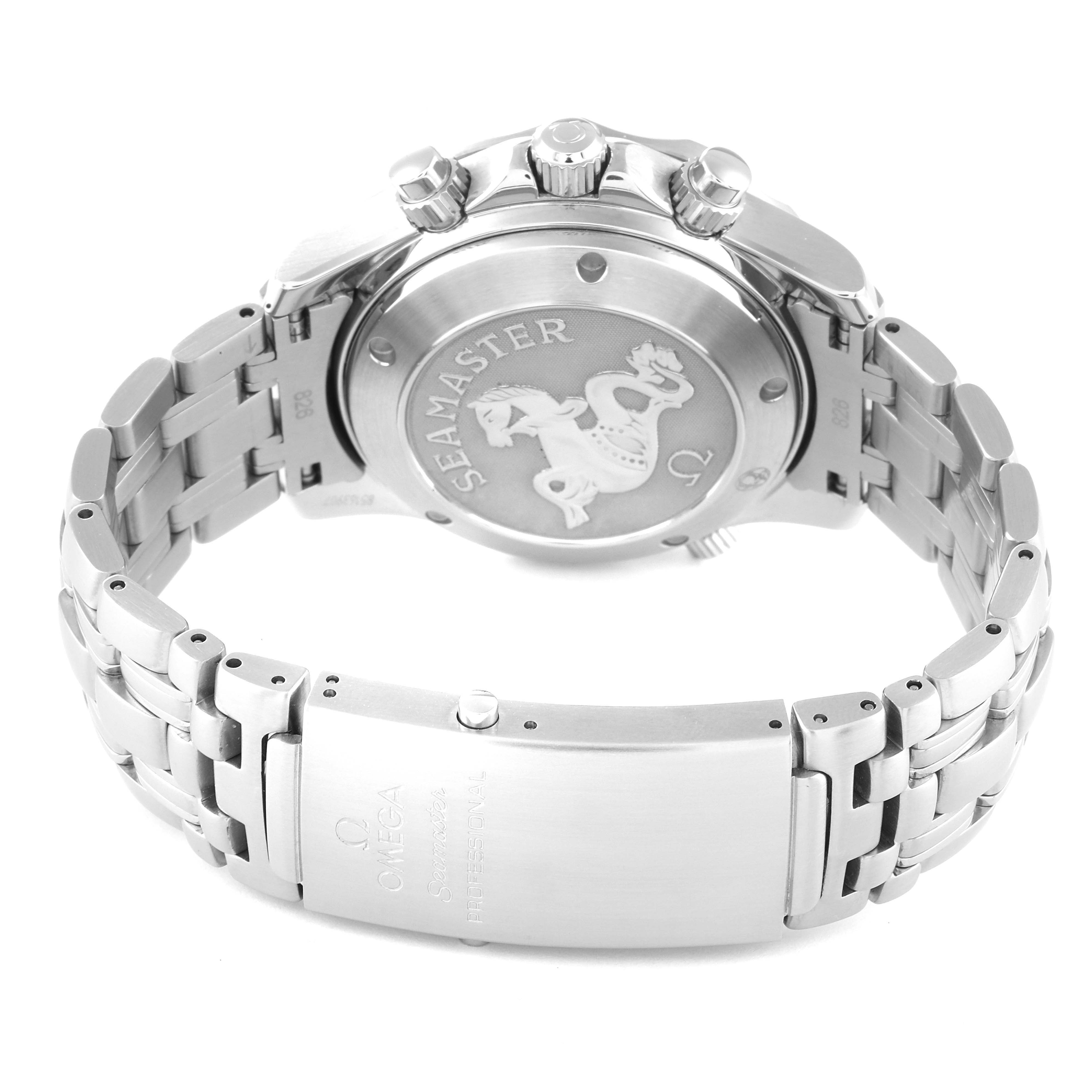 This image shows the back of the Omega Seamaster 213.30.42.40.01.001 Men's Stainless Steel Black Dial 213.30.42.40.01.001 Men's Stainless Steel Black Dial watch, including the case back and metal bracelet.