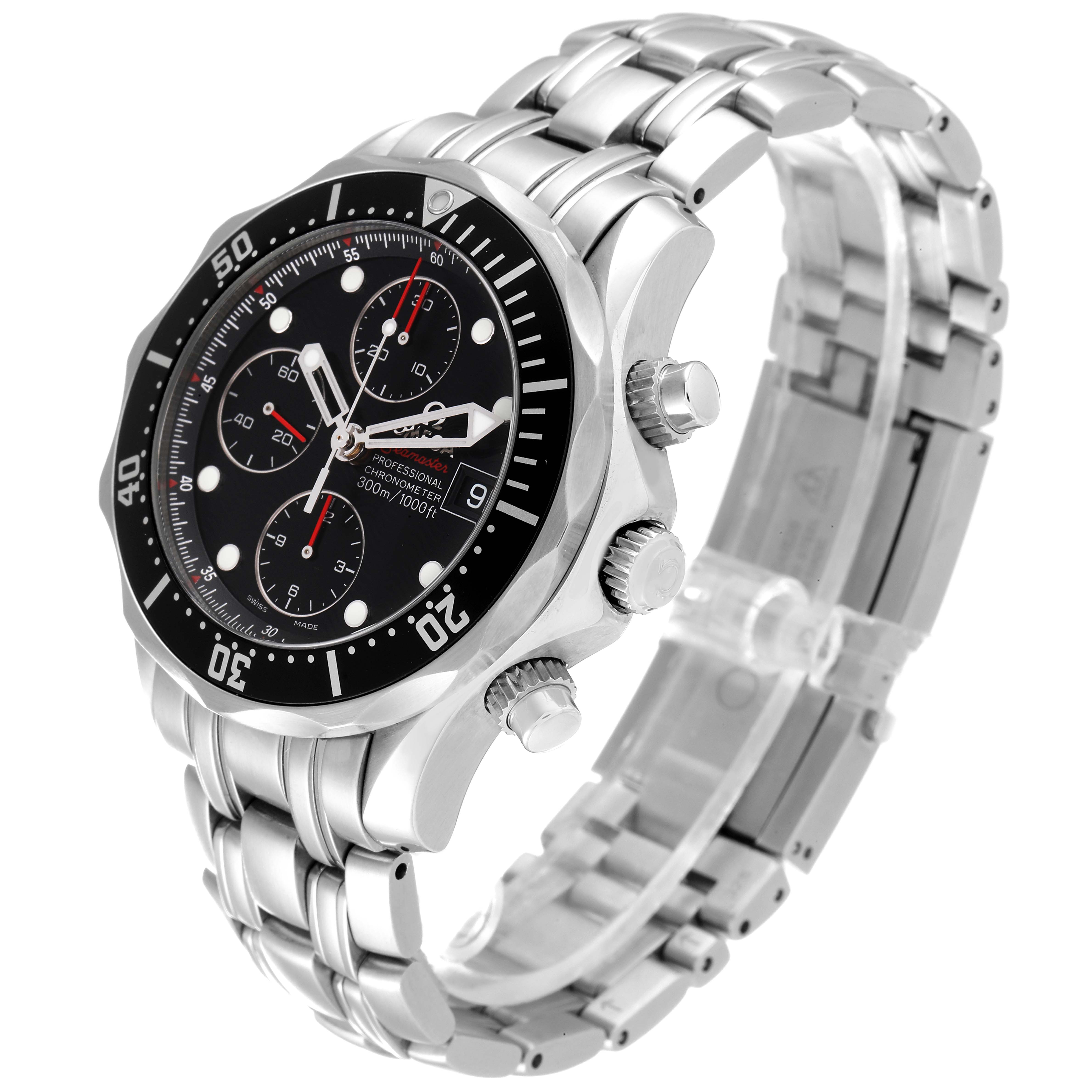 This image shows an Omega Seamaster 213.30.42.40.01.001 Men's Stainless Steel Black Dial 213.30.42.40.01.001 Men's Stainless Steel Black Dial watch at a three-quarter angle, highlighting the bezel, dial, chronograph subdials, and metallic bracelet.