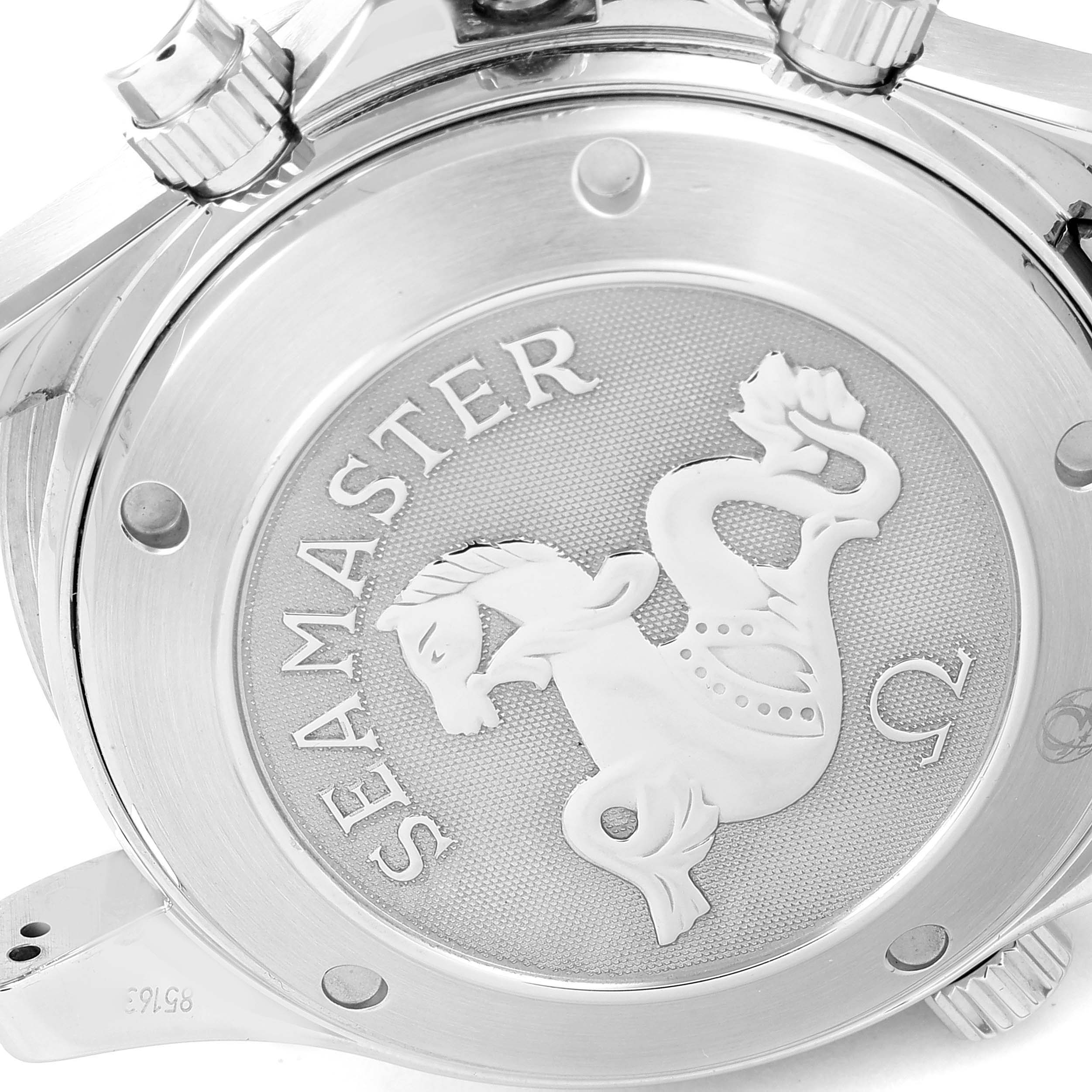 This image shows the case back of an Omega Seamaster 213.30.42.40.01.001 Men's Stainless Steel Black Dial 213.30.42.40.01.001 Men's Stainless Steel Black Dial watch, with an engraved seahorse design and brand logo.