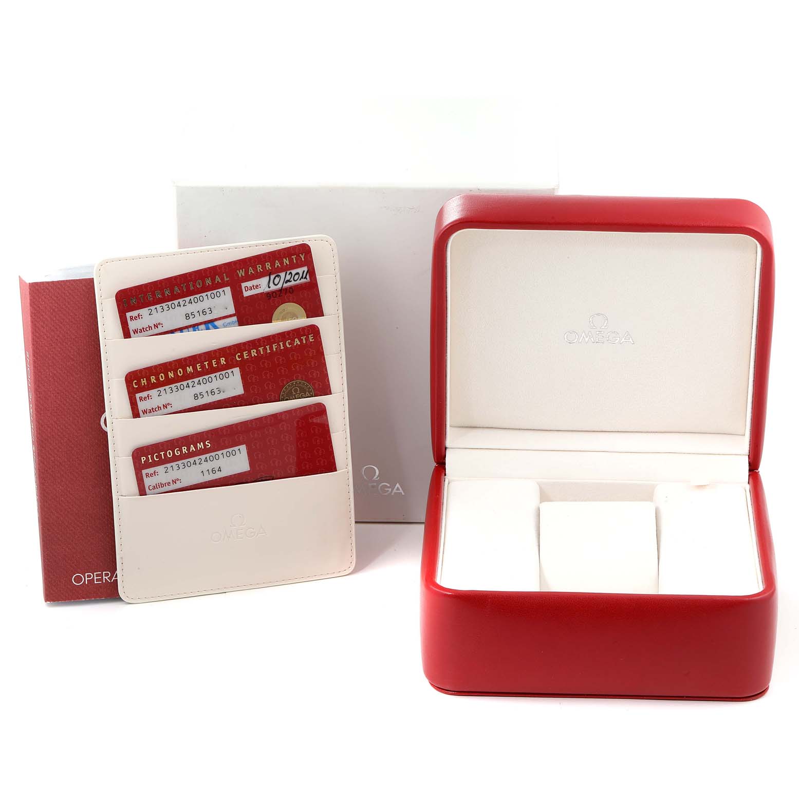 The image shows an Omega Seamaster 213.30.42.40.01.001 Men's Stainless Steel Black Dial 213.30.42.40.01.001 Men's Stainless Steel Black Dial watch box, warranty cards, and certifications from a frontal angle.