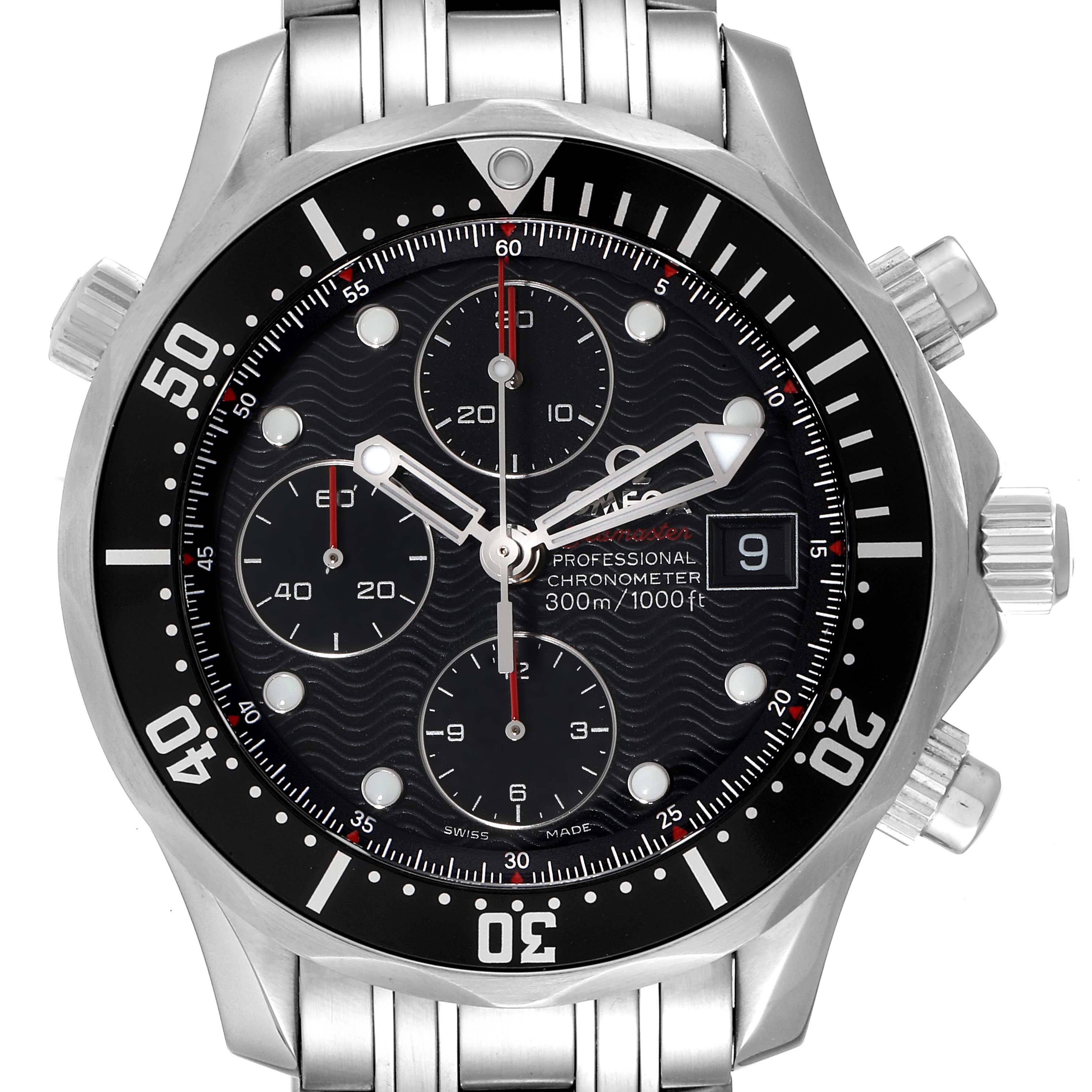 The image shows a front view of the Omega Seamaster 213.30.42.40.01.001 Men's Stainless Steel Black Dial 213.30.42.40.01.001 Men's Stainless Steel Black Dial watch, highlighting its dial, bezel, chronograph subdials, and date window.