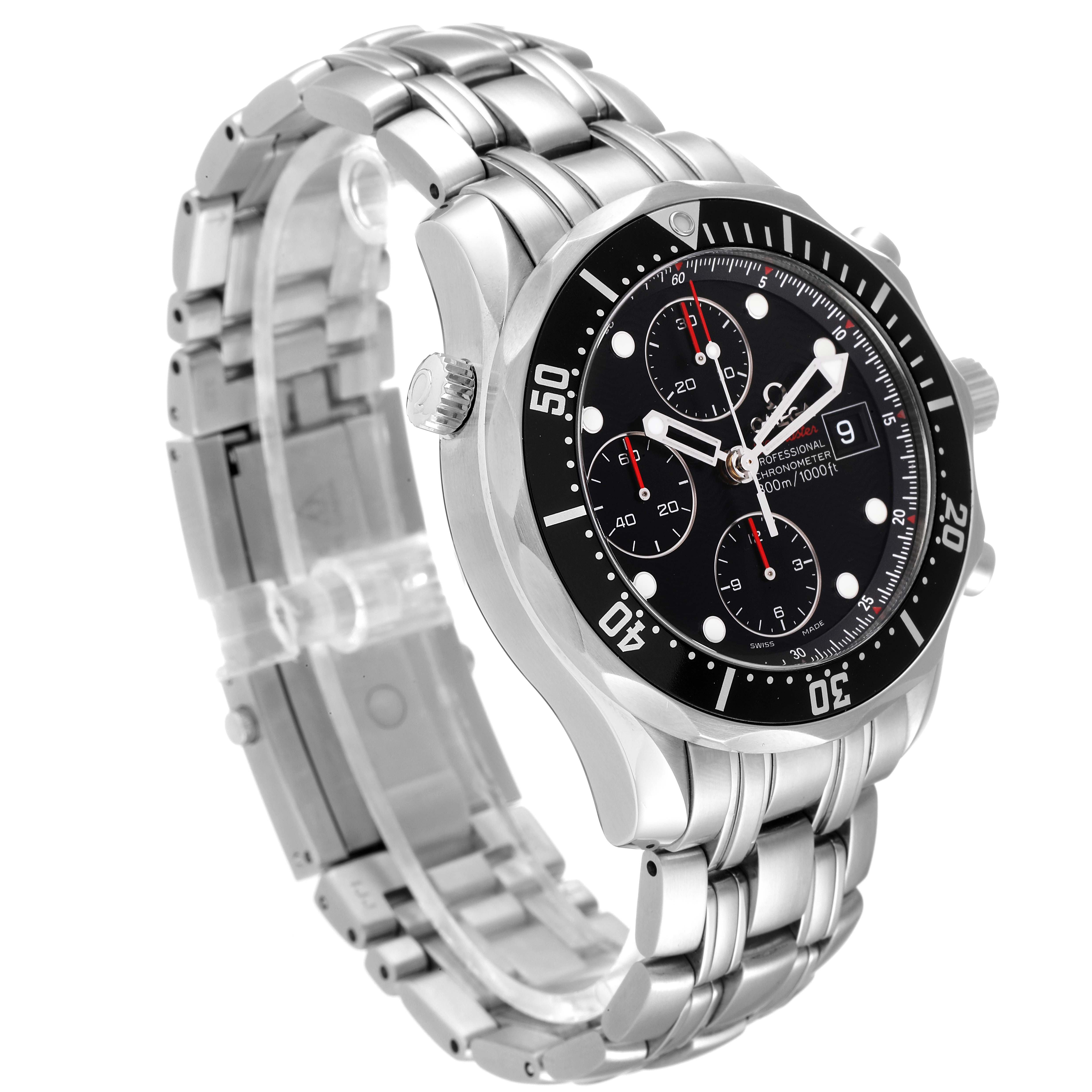 The image shows a side and partial front view of the Omega Seamaster 213.30.42.40.01.001 Men's Stainless Steel Black Dial 213.30.42.40.01.001 Men's Stainless Steel Black Dial watch, highlighting its stainless steel band and black dial.