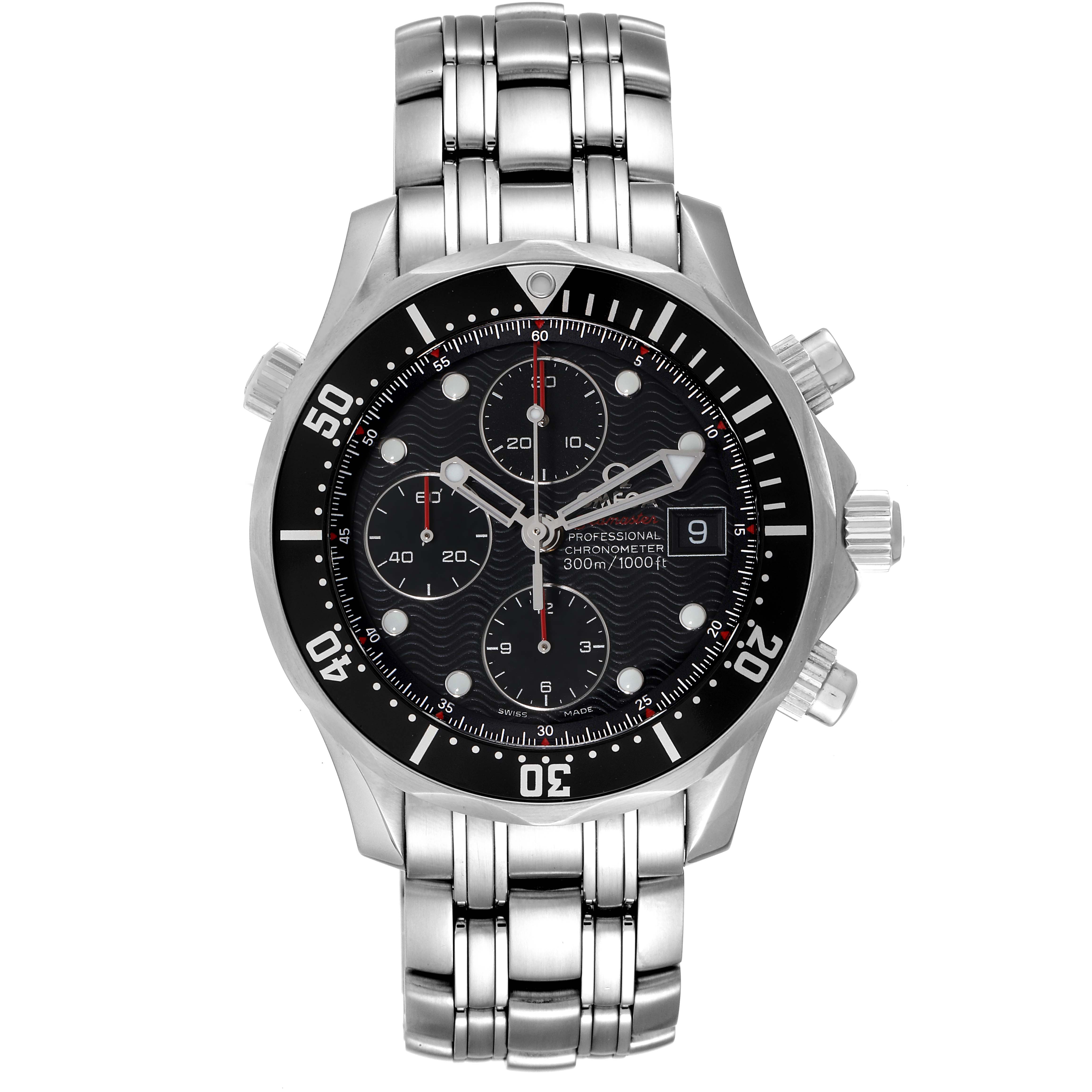 The Omega Seamaster 213.30.42.40.01.001 Men's Stainless Steel Black Dial 213.30.42.40.01.001 Men's Stainless Steel Black Dial watch is shown from a front angle, displaying the face, bezel, crown, chronograph sub-dials, and stainless steel bracelet.