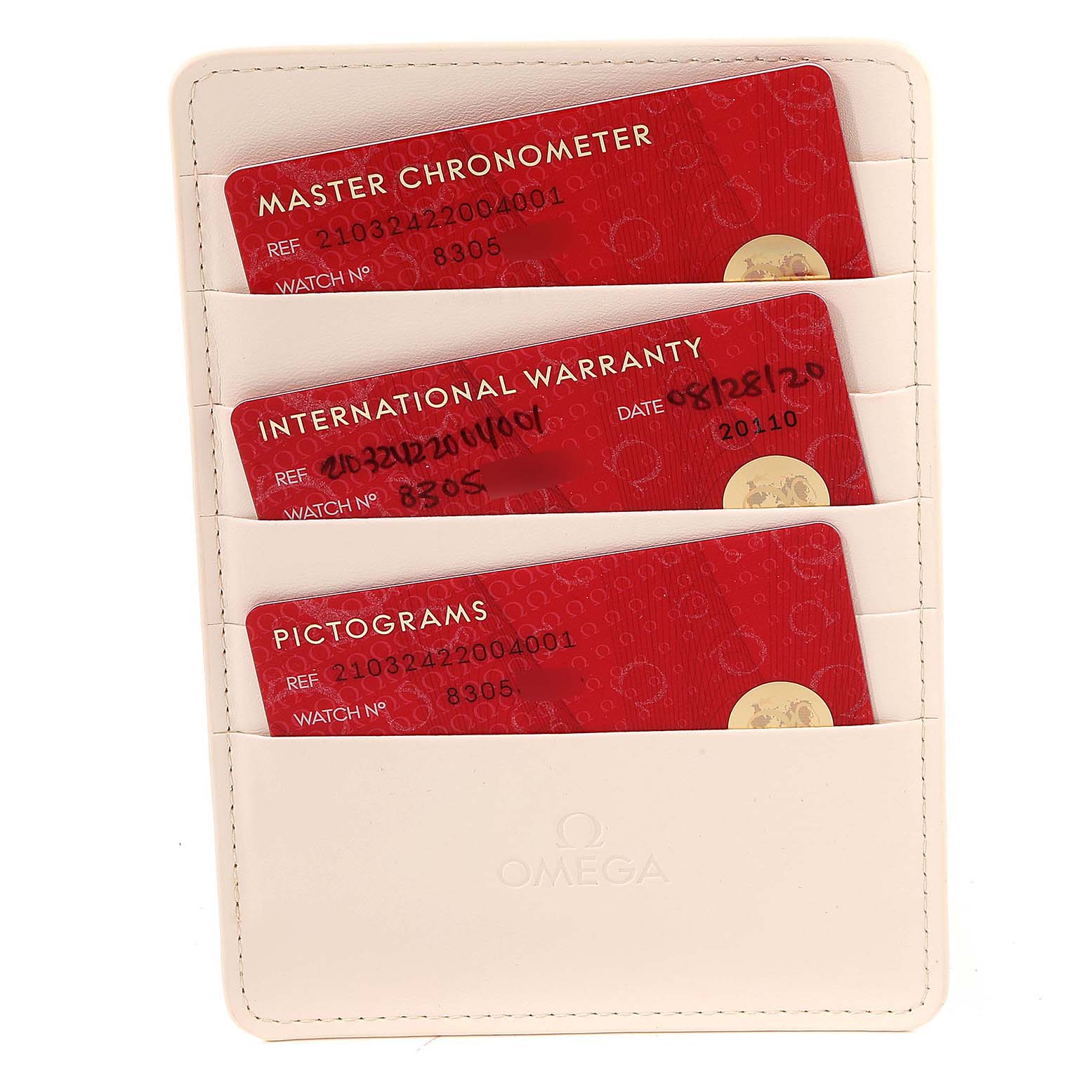 The image shows three Omega Seamaster 210.32.42.20.04.001 Men's Stainless Steel White Dial 210.32.42.20.04.001 Men's Stainless Steel White Dial model cards: Master Chronometer, International Warranty, and Pictograms, in a white cardholder.