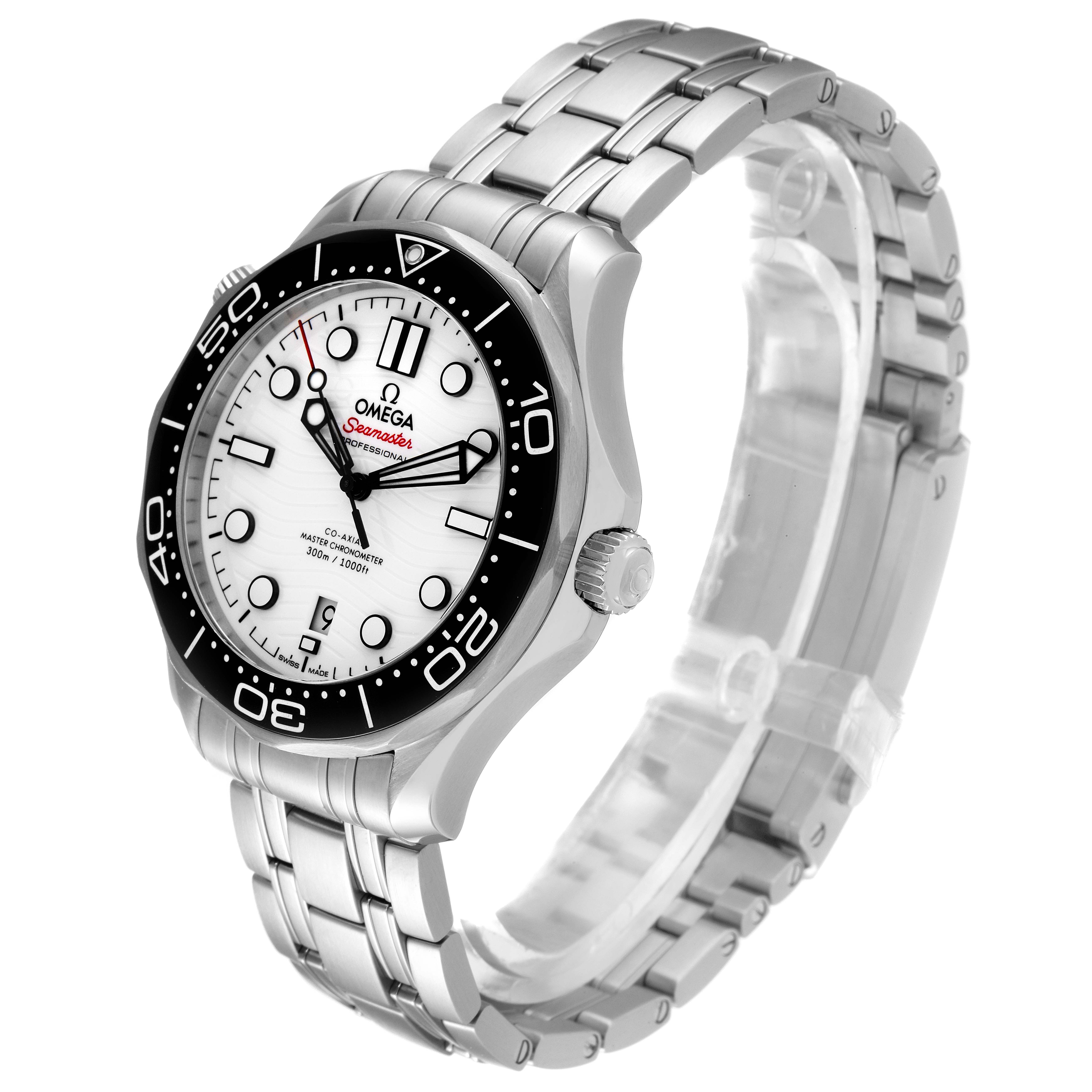 The image shows a side angle view of the Omega Seamaster 210.32.42.20.04.001 Men's Stainless Steel White Dial 210.32.42.20.04.001 Men's Stainless Steel White Dial watch, displaying the face, bezel, crown, and metal bracelet.