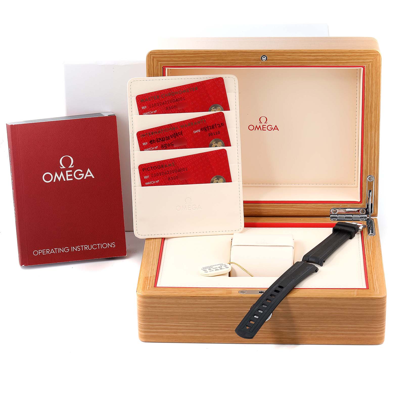 The image shows an Omega Seamaster 210.32.42.20.04.001 Men's Stainless Steel White Dial 210.32.42.20.04.001 Men's Stainless Steel White Dial watch box, instructions manual, authenticity cards, and an additional strap.