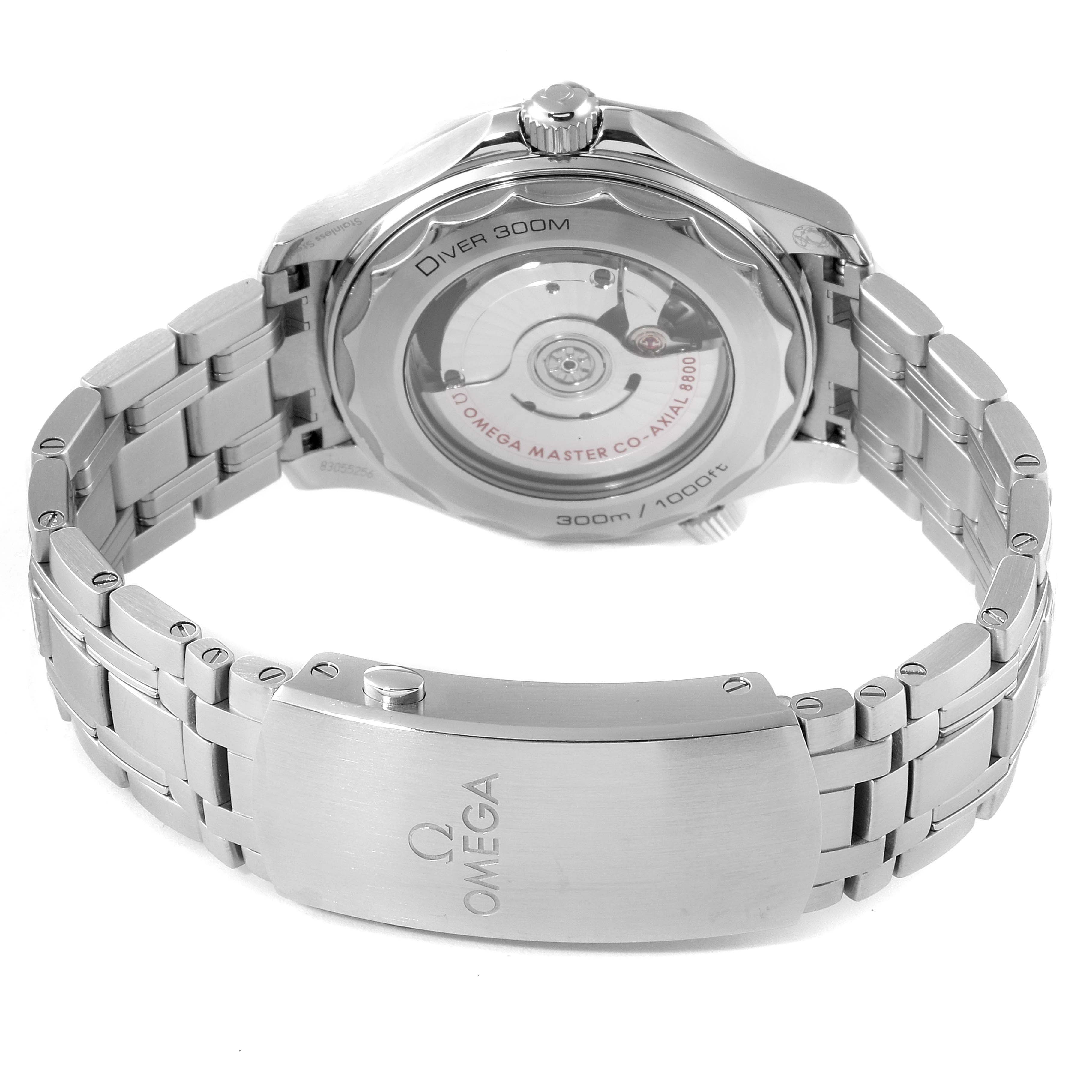 The image shows the back of the Omega Seamaster 210.32.42.20.04.001 Men's Stainless Steel White Dial 210.32.42.20.04.001 Men's Stainless Steel White Dial watch, highlighting its metal bracelet, clasp, and the transparent case back.