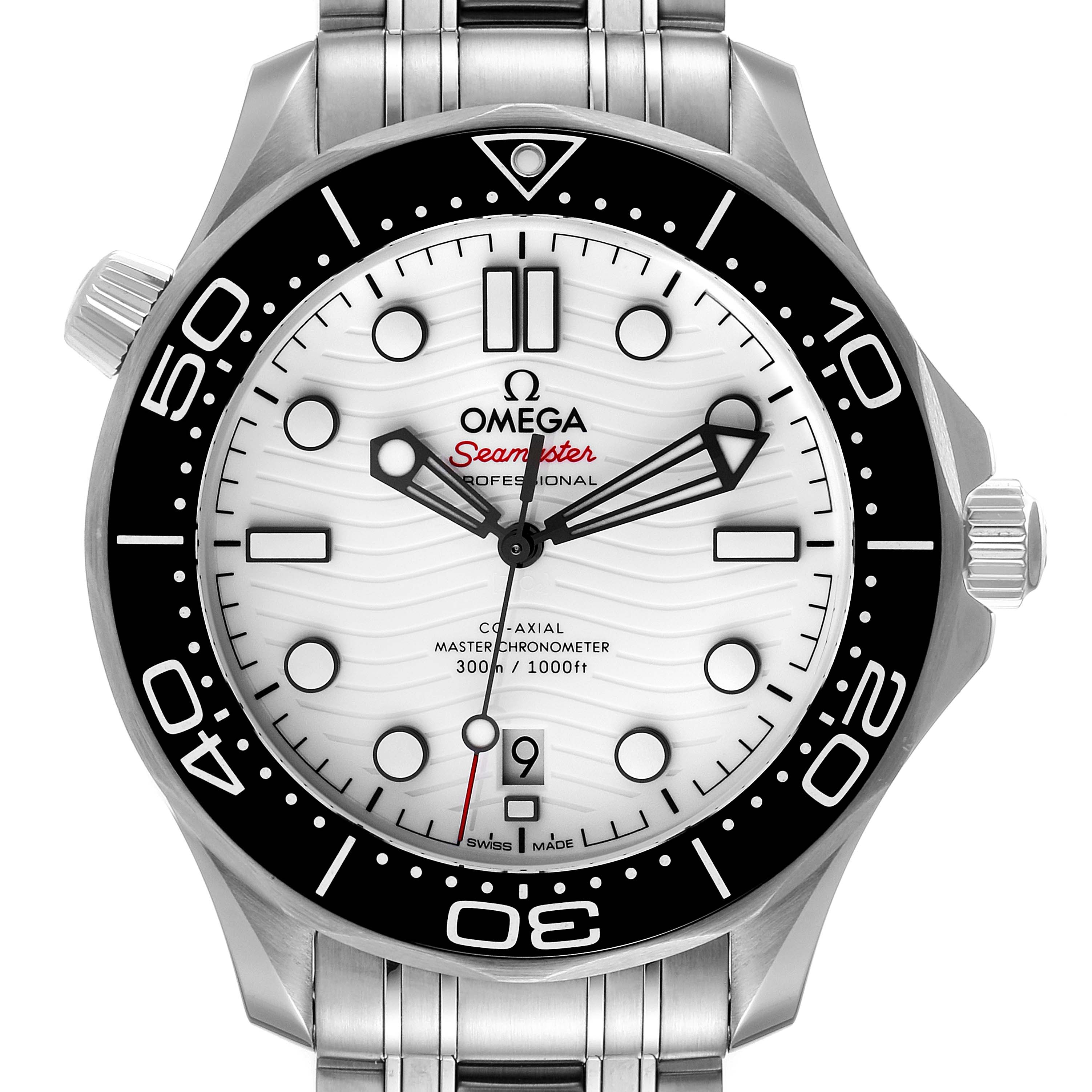 The image shows a front view of the Omega Seamaster 210.32.42.20.04.001 Men's Stainless Steel White Dial 210.32.42.20.04.001 Men's Stainless Steel White Dial watch, highlighting its face, bezel, and part of the bracelet.