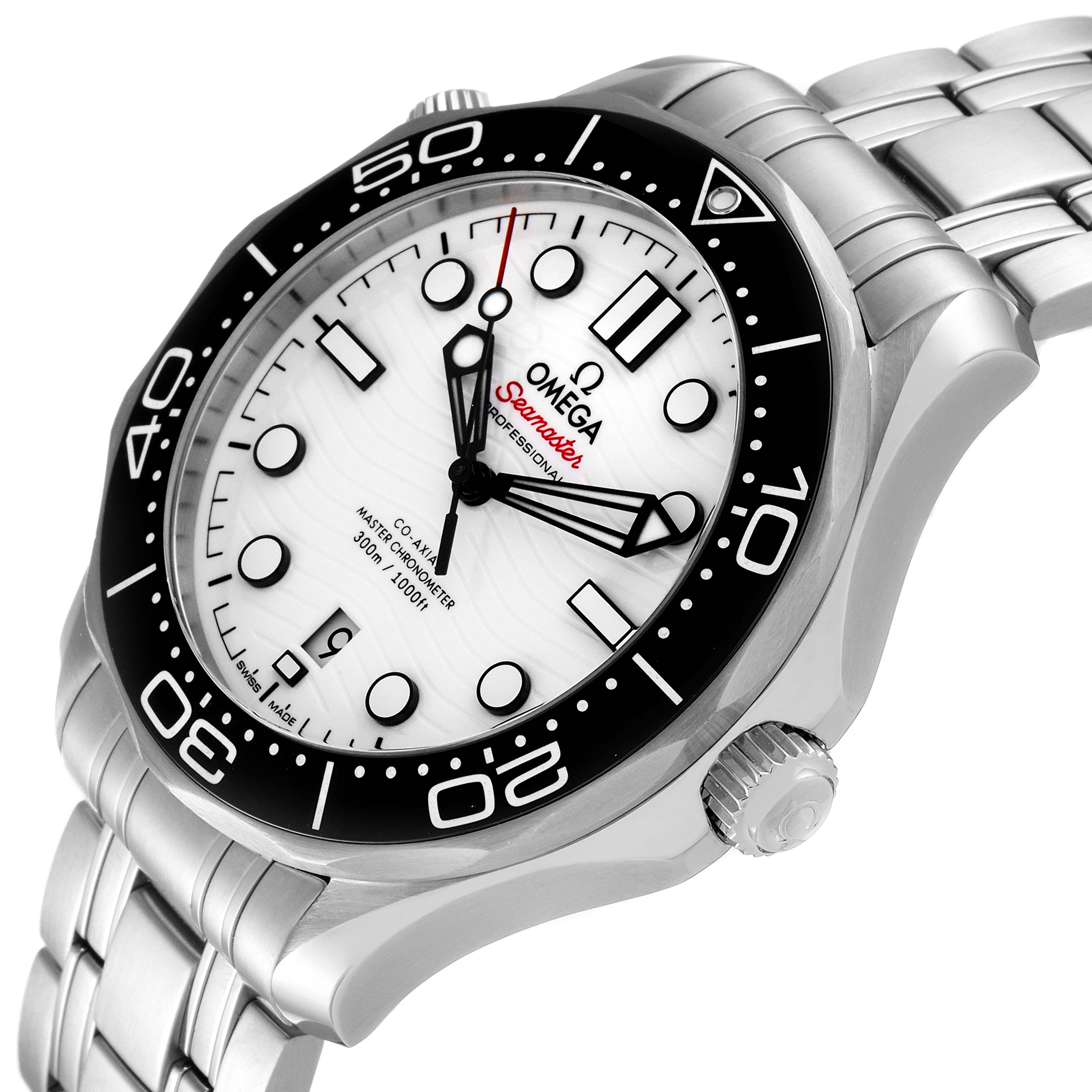 This image shows the Omega Seamaster 210.32.42.20.04.001 Men's Stainless Steel White Dial 210.32.42.20.04.001 Men's Stainless Steel White Dial from an angled side view, highlighting its dial, bezel, and bracelet.