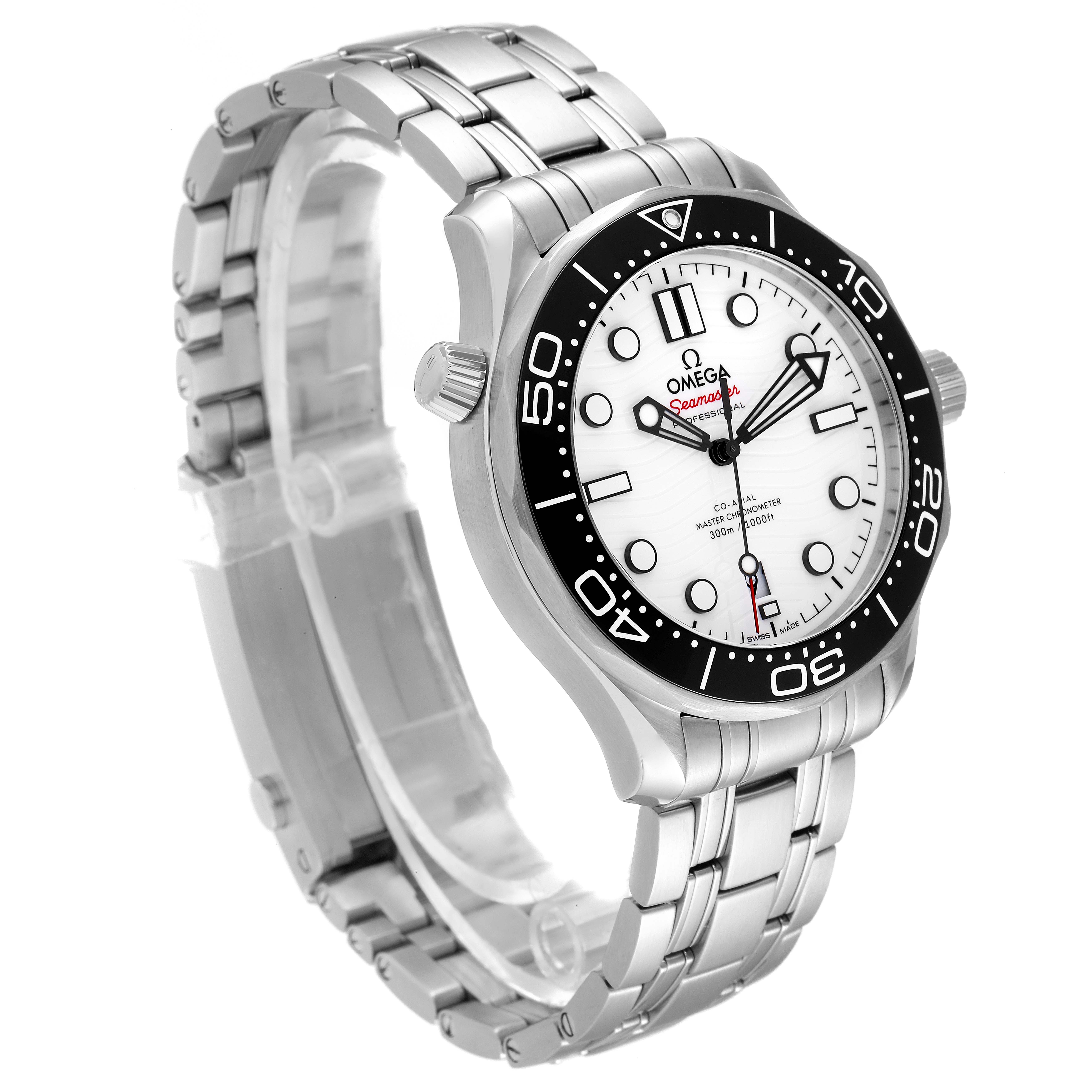 This image shows the Omega Seamaster 210.32.42.20.04.001 Men's Stainless Steel White Dial 210.32.42.20.04.001 Men's Stainless Steel White Dial watch at a slightly angled front view, highlighting the dial, bezel, crown, and bracelet.