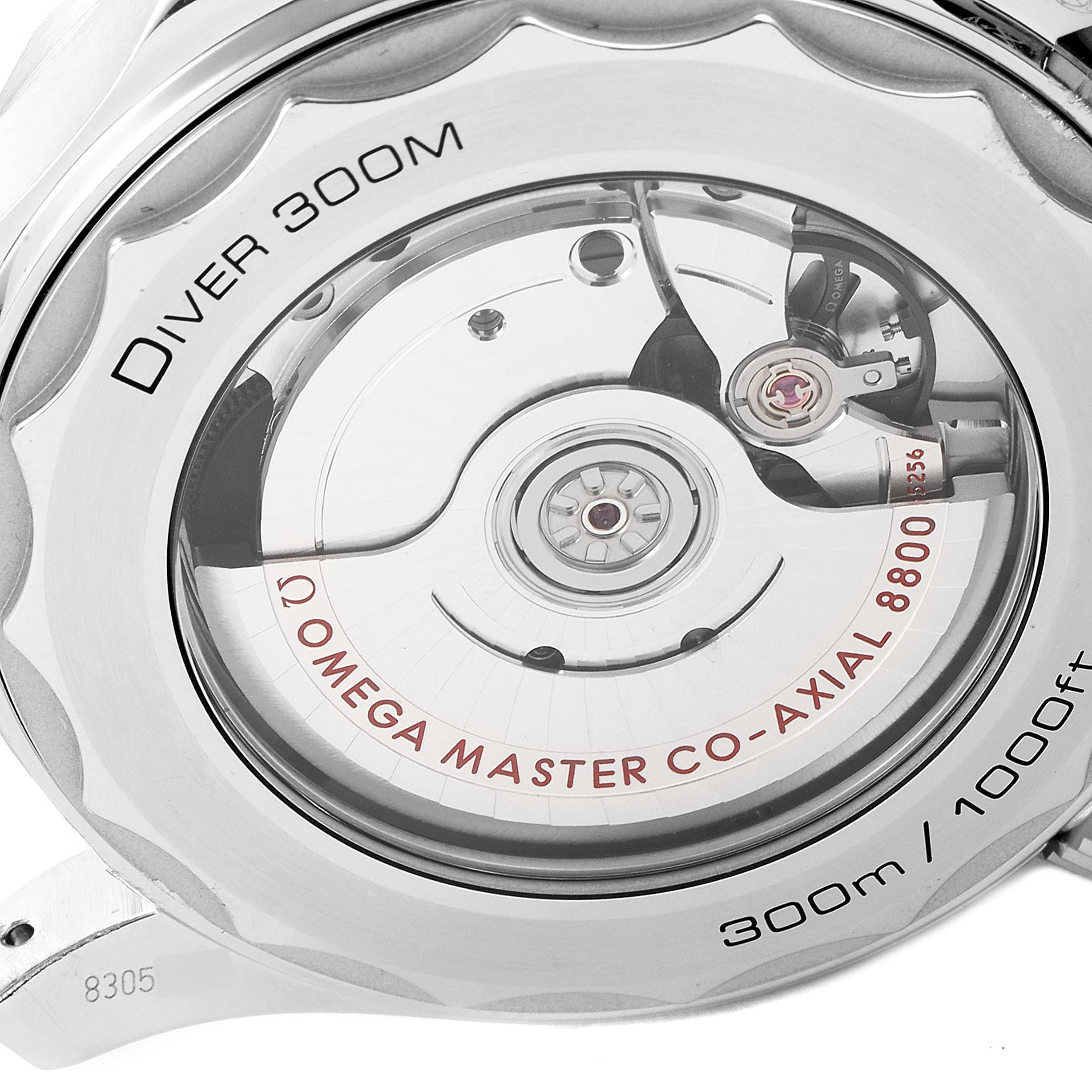 The image shows the back of an Omega Seamaster 210.32.42.20.04.001 Men's Stainless Steel White Dial 210.32.42.20.04.001 Men's Stainless Steel White Dial Diver 300M, highlighting the movement and case details.