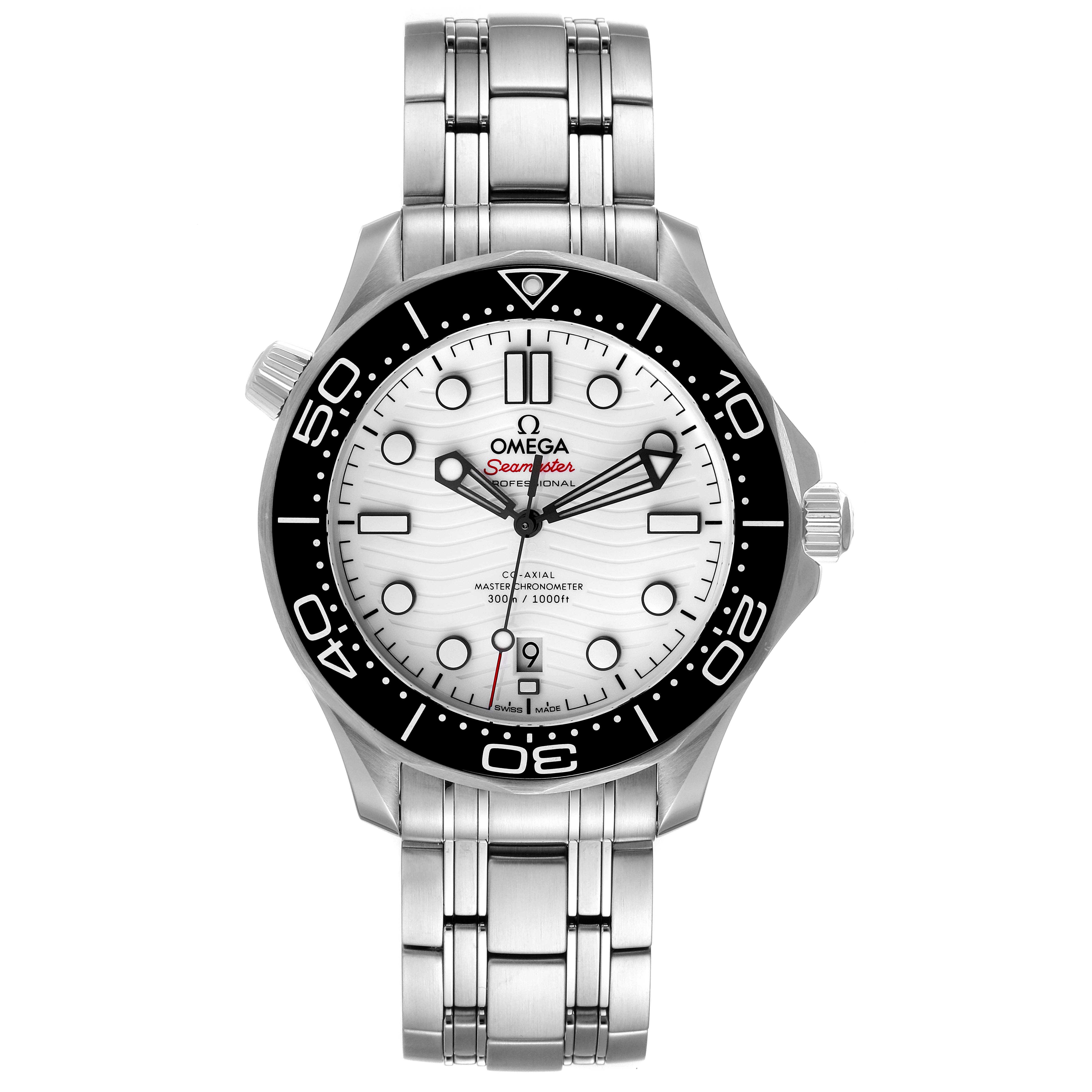 The image shows a frontal view of an Omega Seamaster 210.32.42.20.04.001 Men's Stainless Steel White Dial 210.32.42.20.04.001 Men's Stainless Steel White Dial watch, displaying the dial, bezel, and bracelet.