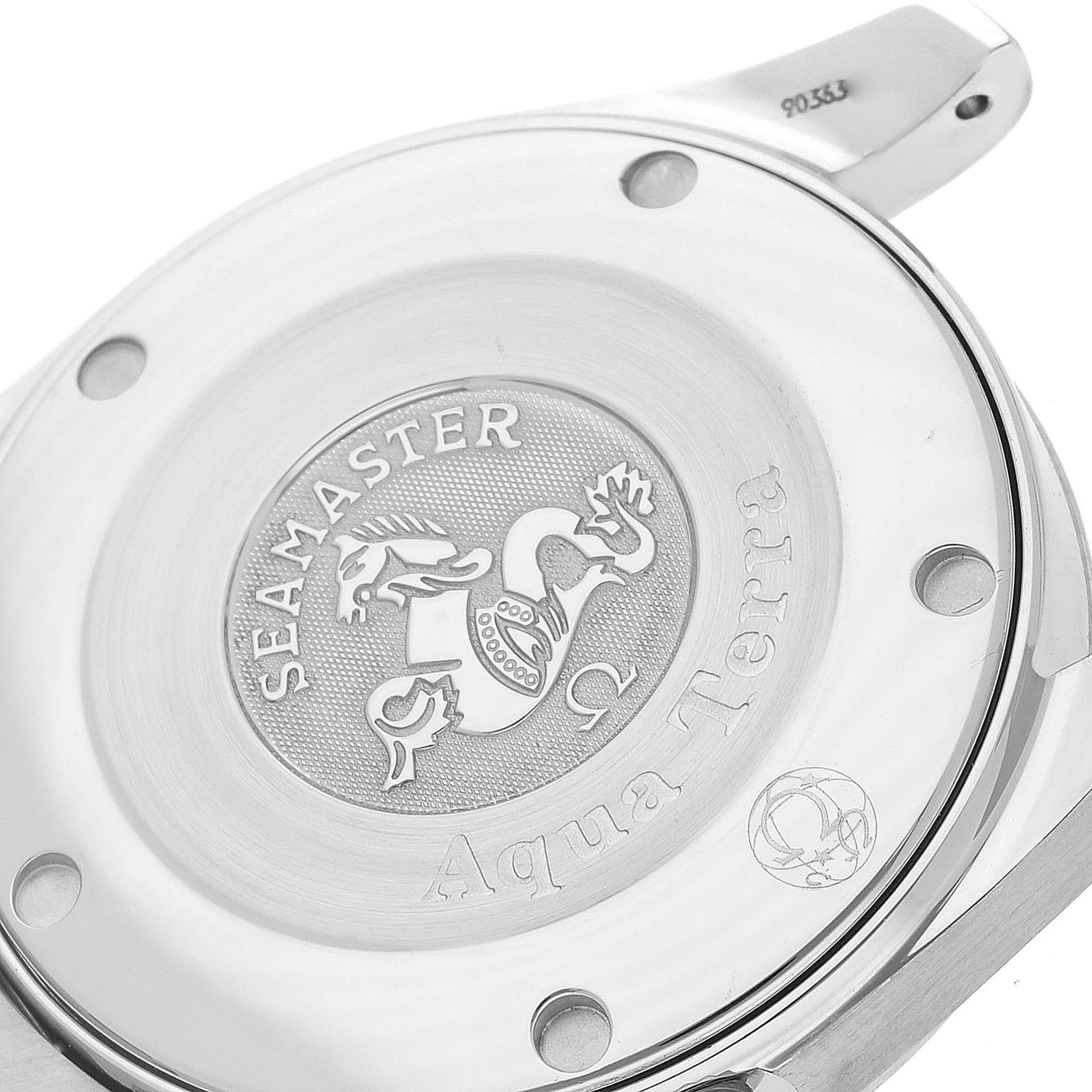 The image shows the Omega Aqua Terra 2518.80.00 Men's Stainless Steel Blue Dial 2518.80.00 Men's Stainless Steel Blue Dial watch's case back, displaying the Seamaster emblem and model engraving.