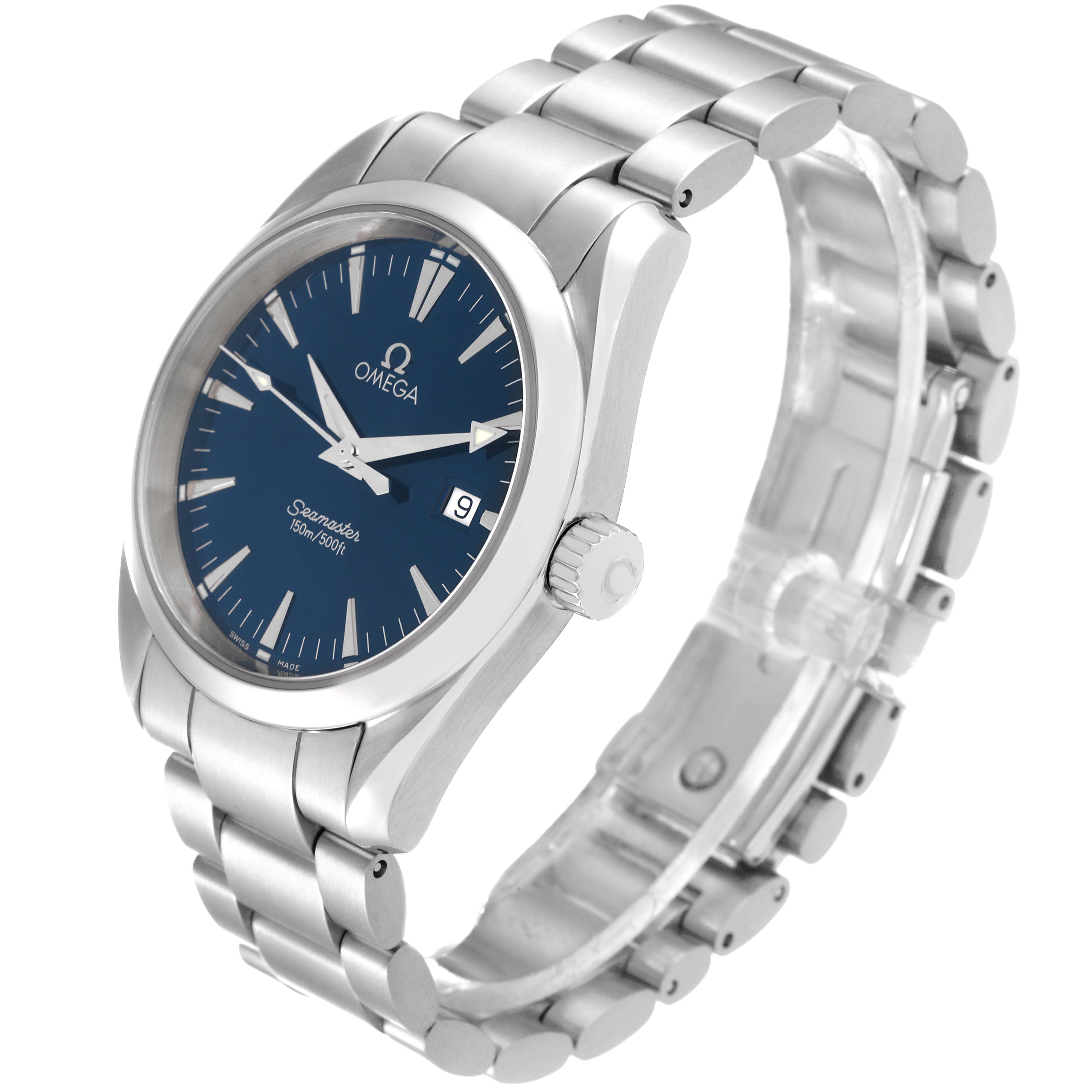 The Omega Aqua Terra 2518.80.00 Men's Stainless Steel Blue Dial 2518.80.00 Men's Stainless Steel Blue Dial watch is shown at a three-quarter angle, displaying its blue dial, date window, crown, and stainless steel bracelet.