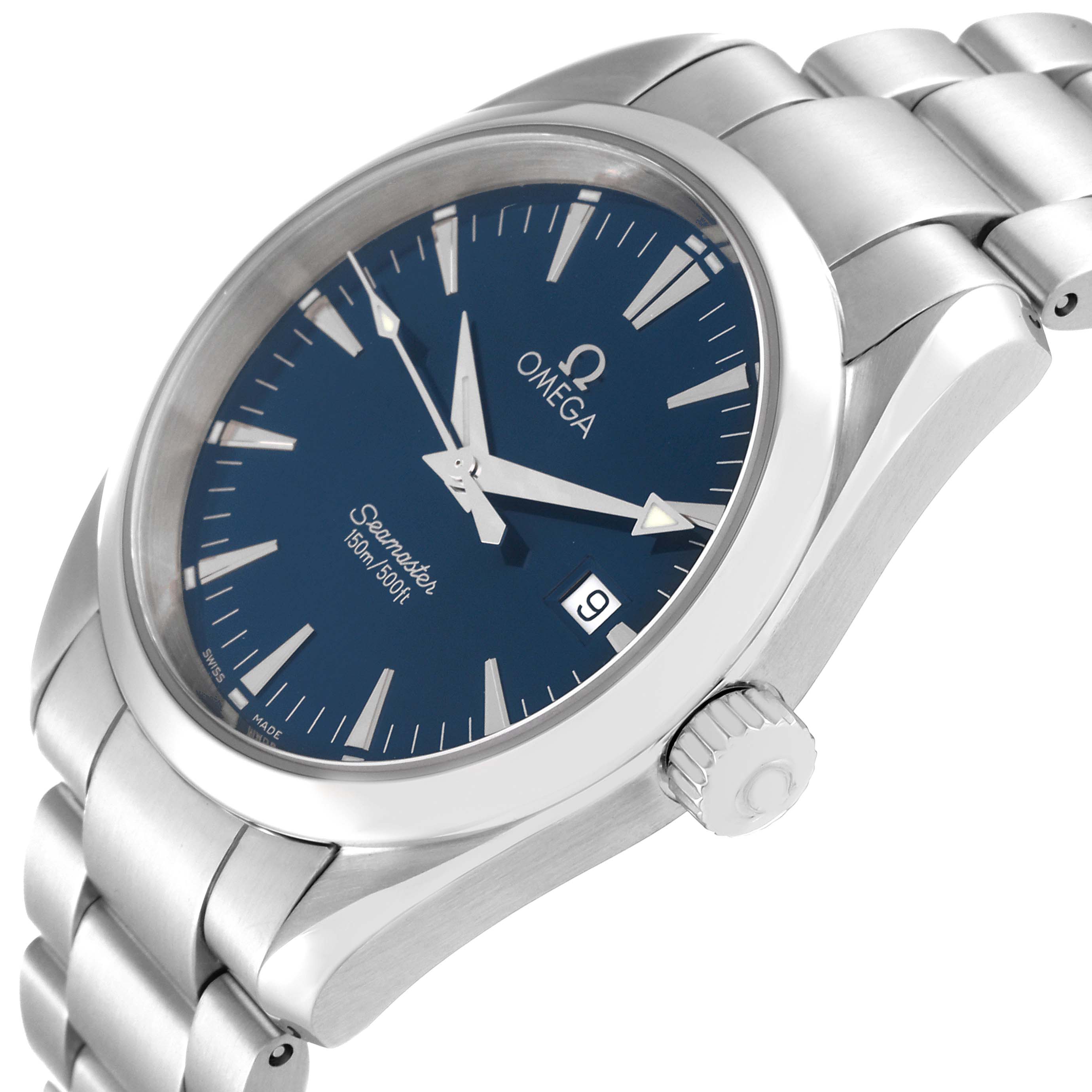The Omega Aqua Terra 2518.80.00 Men's Stainless Steel Blue Dial 2518.80.00 Men's Stainless Steel Blue Dial Seamaster watch is shown at an angled side view, highlighting the blue dial, hour markers, and stainless steel bracelet.