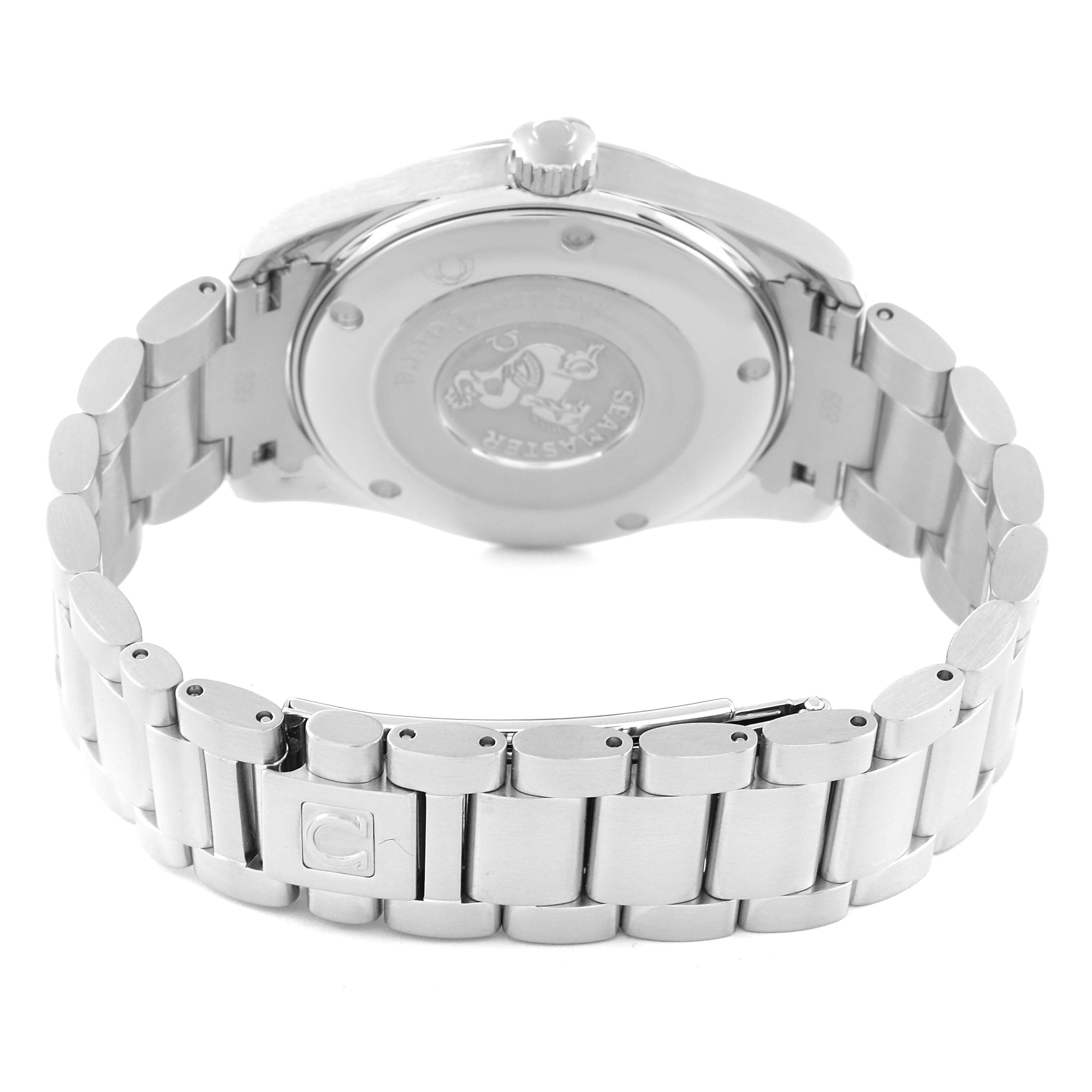 This image shows the back and bracelet of an Omega Aqua Terra 2518.80.00 Men's Stainless Steel Blue Dial 2518.80.00 Men's Stainless Steel Blue Dial watch, including the clasp and case back with the logo.