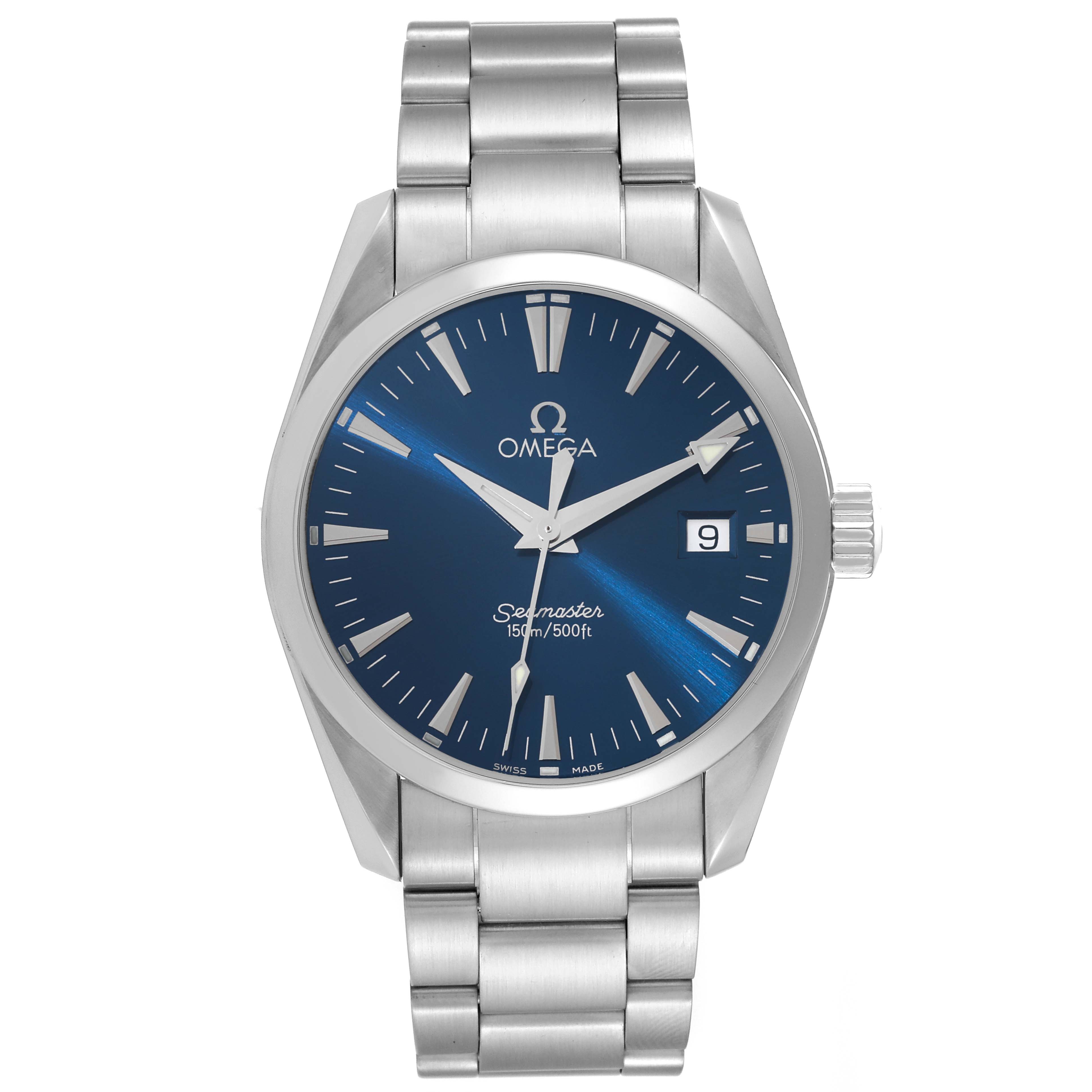 This Omega Aqua Terra 2518.80.00 Men's Stainless Steel Blue Dial 2518.80.00 Men's Stainless Steel Blue Dial watch is shown from the front, displaying the blue dial, hands, markers, date window, and metal bracelet.